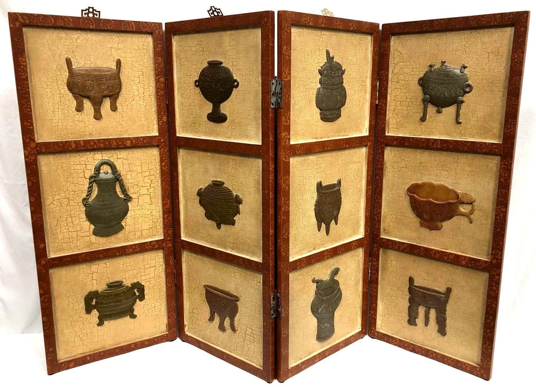 Vintage Asian 4 Panel Screen with Carved Inlays (1 of 13)