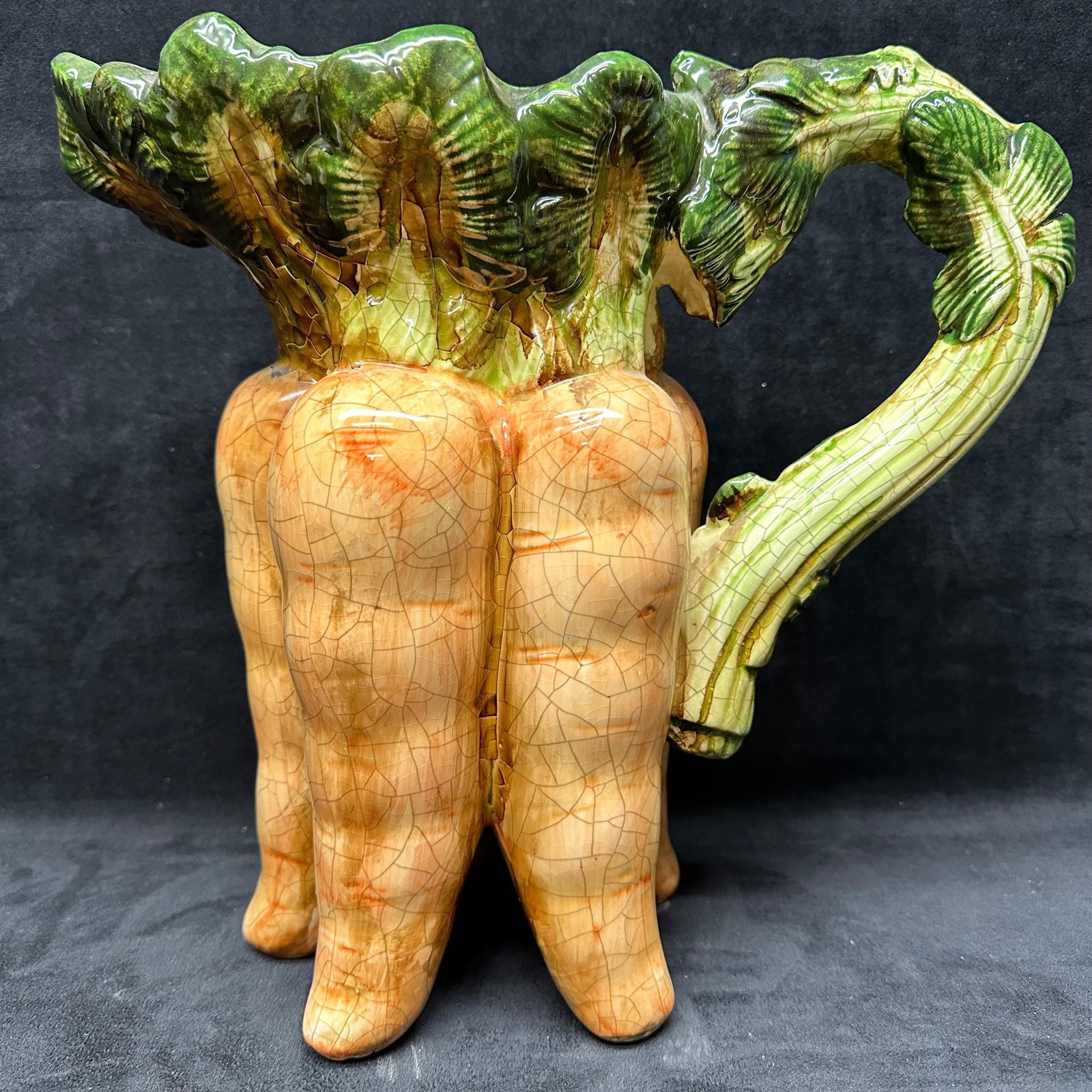Carrot Bunch Large Green and Orange Majolica Style Ceramic Pitcher (1 of 7)