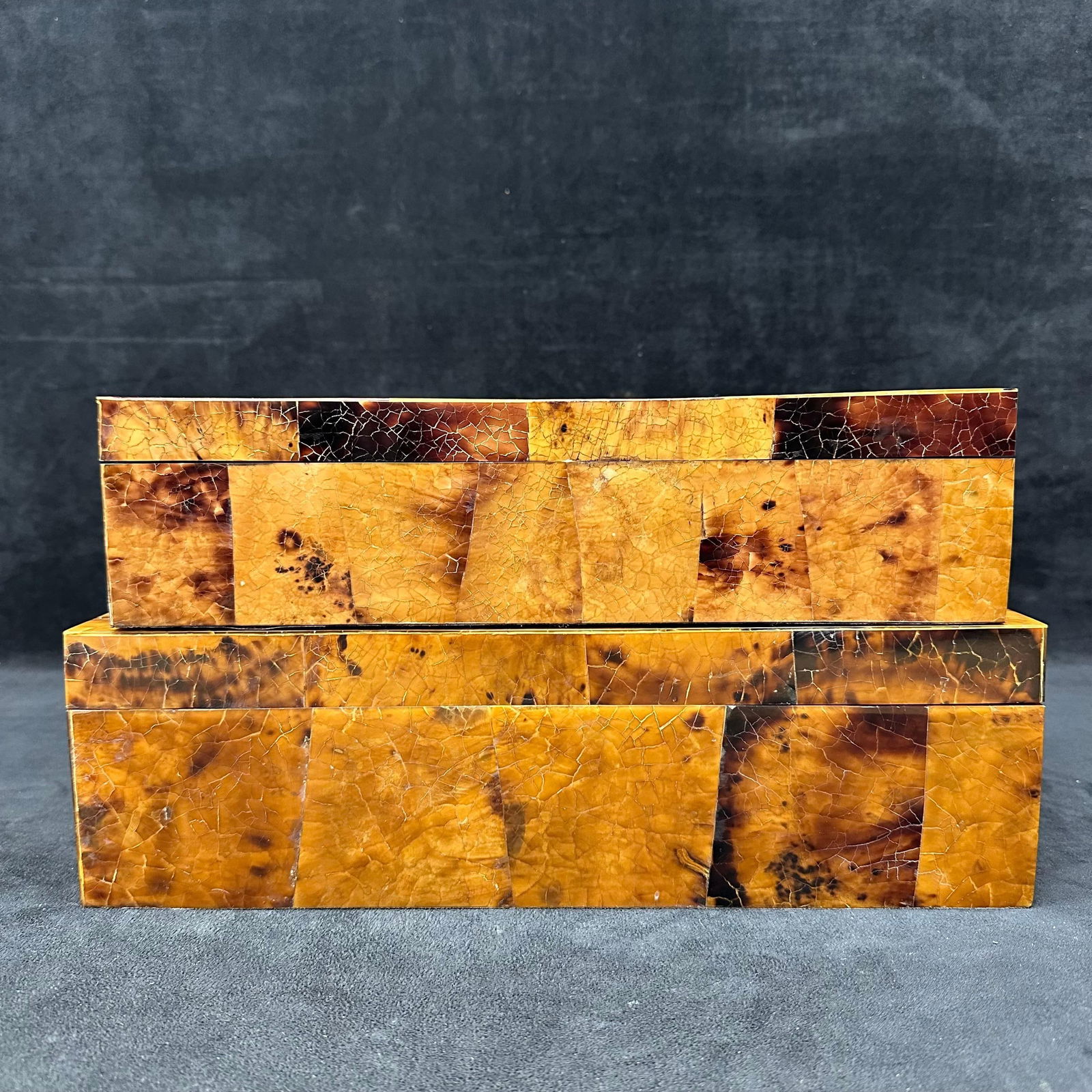 Pair of Faux Tortoiseshell Style Decorative Storage Boxes with Blue Fabric Interiors (1 of 6)