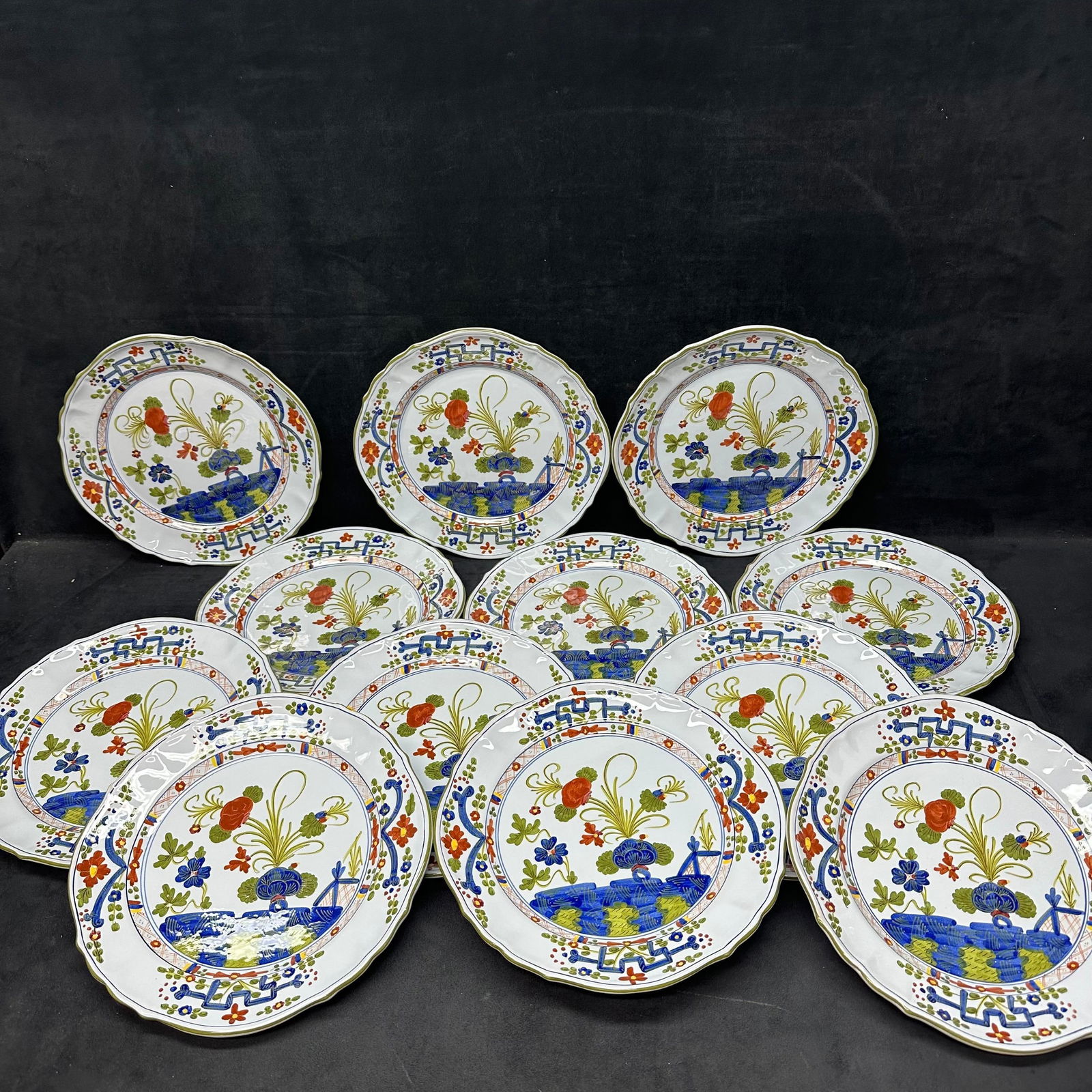 Set of Twelve Italian Faenza Style Hand Painted Dinner Plates Sigma Italy Carnation Pattern (1 of 6)