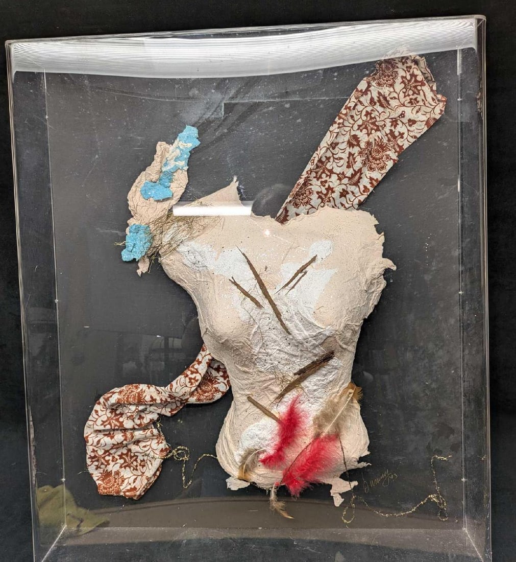Framed Women's Chest Mixed Media Collage: Framed Women's Chest Mixed Media Collage. This is approx 23 3/4" x 5" x 28 1/4" and it wig12.80lbs. Appears to be either a plaster or cloth wrapping. This was signed and dated by the artist