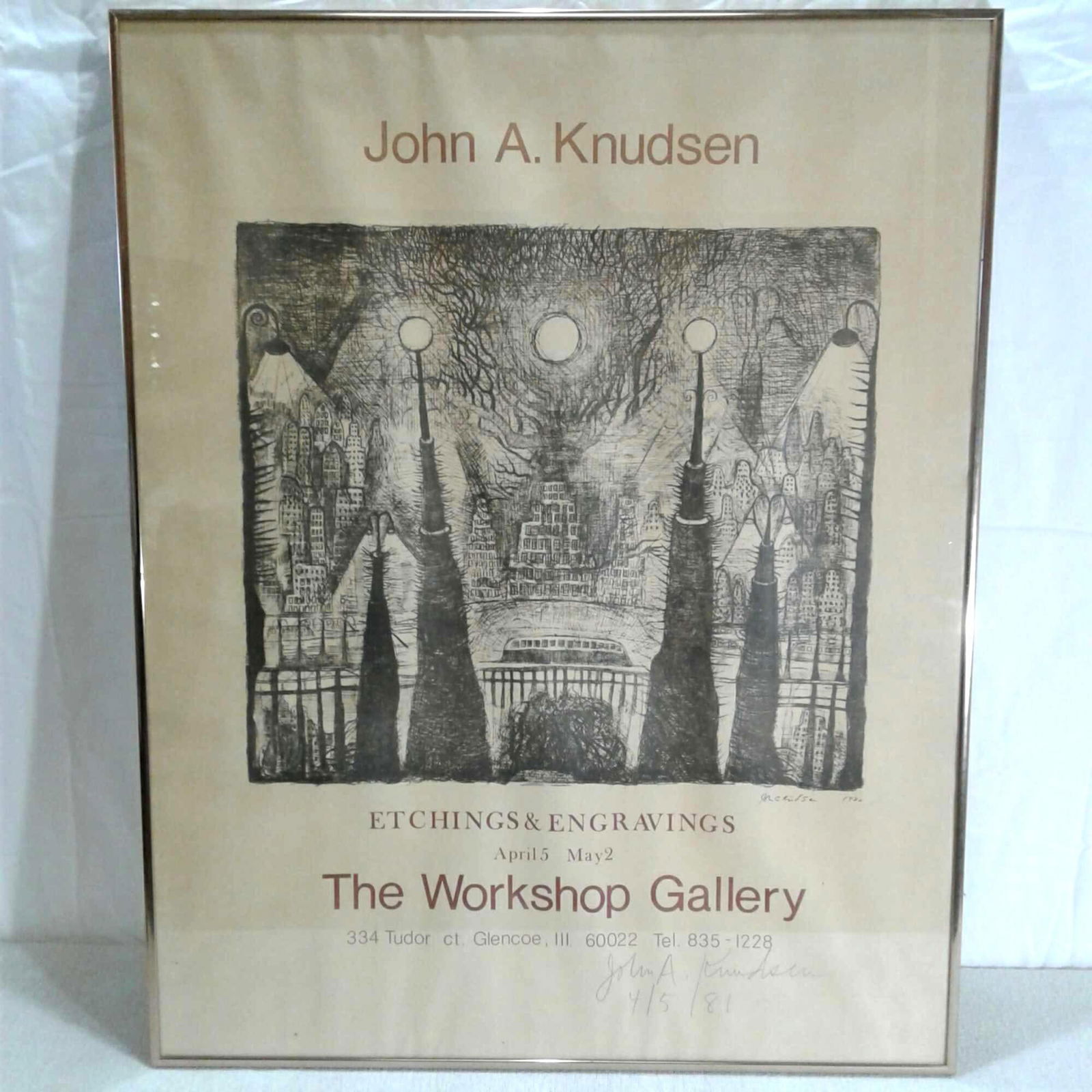 Signed John A. Knudsen Framed Poster of "The Workshop Gallery" 1981: An original pencil signed John A. Knudsen Framed poster of "The Workshop Gallery" 1981. I measures approximately 29" x 23" and is in good used condition. The poster appears to have disagreed with fram