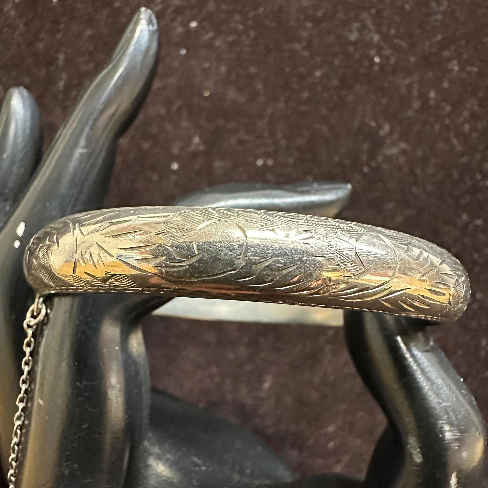 Vintage Etched Hinged Bangle Bracelet with Safety Chain Sterling (1 of 10)