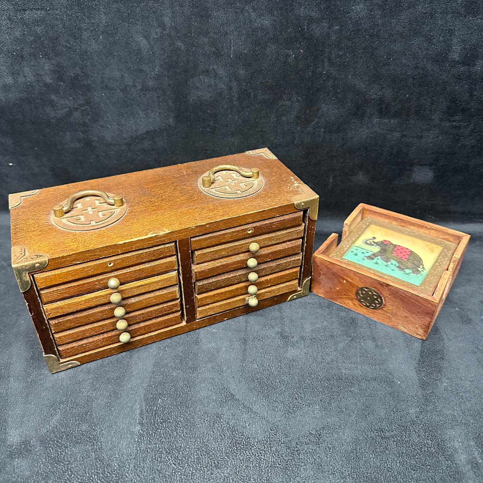 Wooden Coaster Box Asian and Indian Elephant Inspired Style Wood Drink Coasters Set (1 of 7)