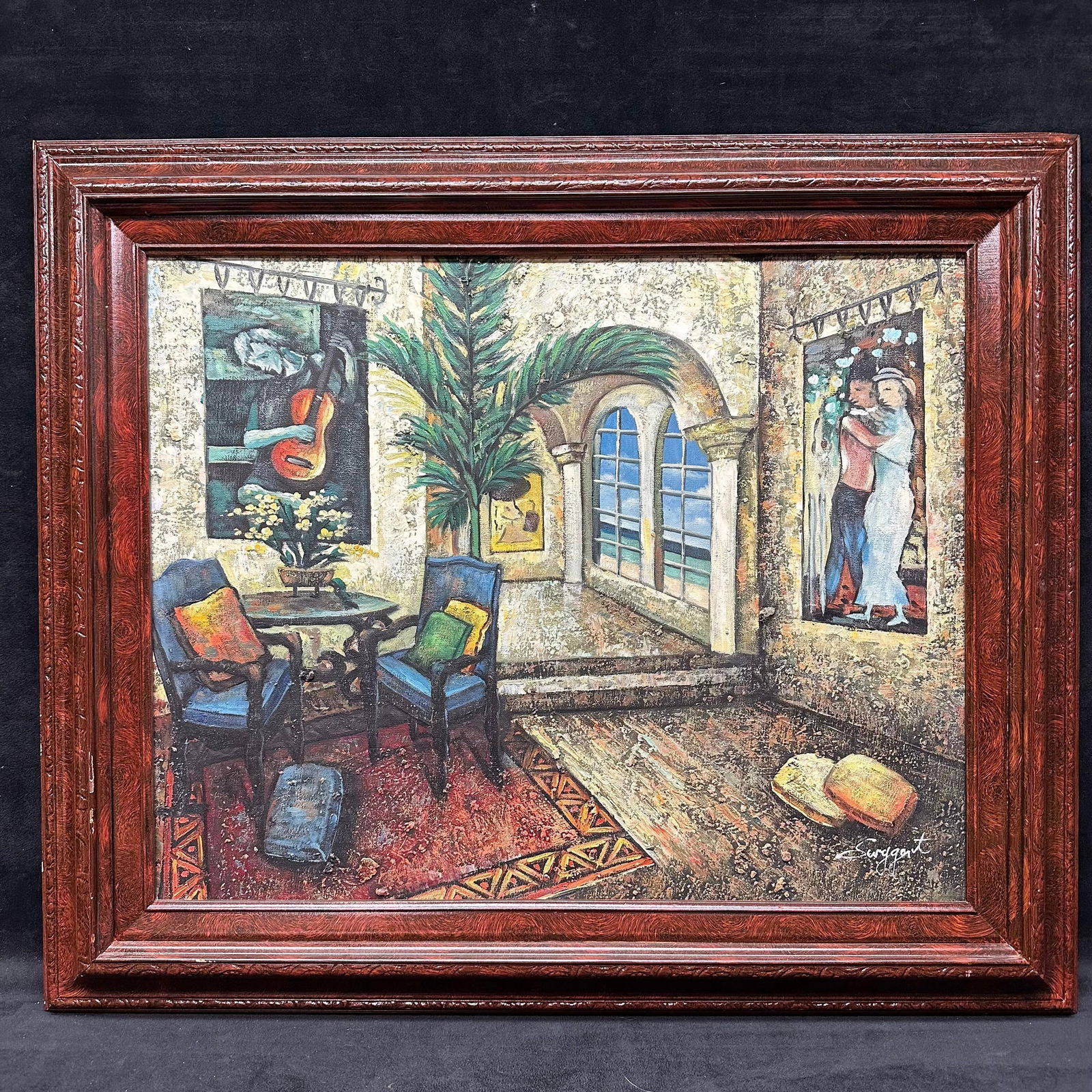 Signed Textured Oil Painting Interior Scene with Guitar Palm and Dancing Couple Wall Art (1 of 10)