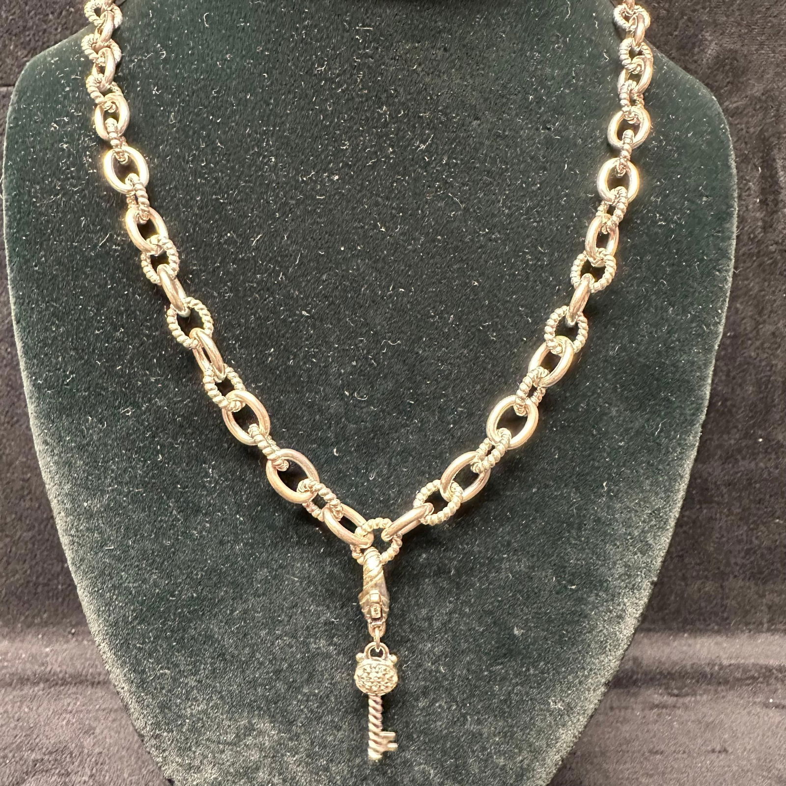 Judith Ripka Sterling Silver Ribbed Smooth Link Necklace Key Charm CZ (1 of 11)