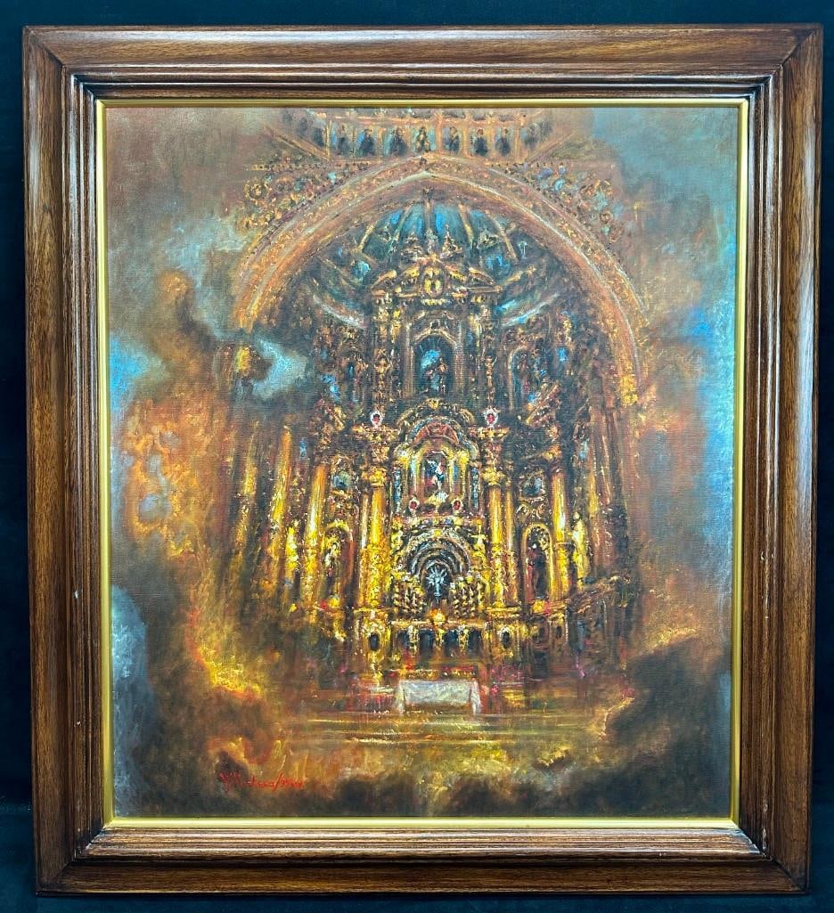 Wilfrido Martinez Oil of Quito Church R152: Wilfredo Martinez original oil painting depicting the Retablo Mayor (Main Altarpiece) of the Convento de San Francisco in Quito, Ecuador, signed and dated 1999 lower left. Brilliantly detailed church