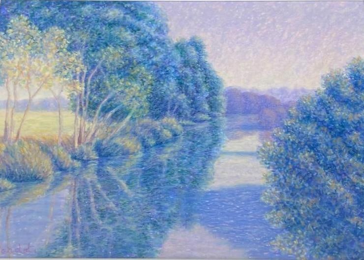 The Voire River at Montmorency Christophe Cardot: "The Voire River at Montmorency" Christophe Cardot An original pastel on paper titled The Voire River at Montmorency by Christophe Cardot. The piece depicts a small river passing through tre