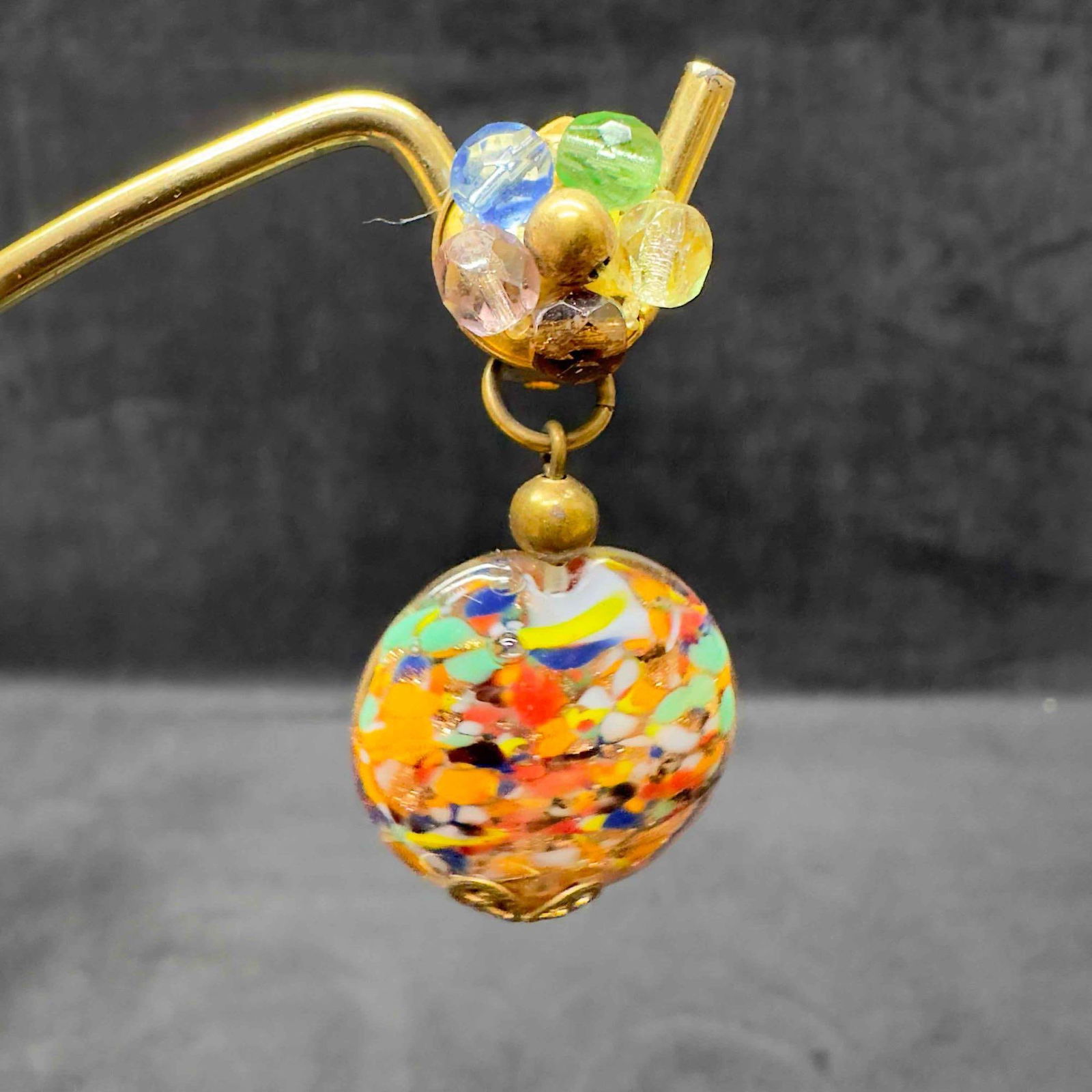 Murano Venetian Art Glass Lamp Work Clear Multi Colored Beaded Copper Accent Earrings D36: Murano Venetian Art Glass Lamp Work Clear Multi Colored Beaded Copper Accent Earrings D36. Earrings with clear multi colored glass beads with beautiful designs on each. The earrings feature copper acc