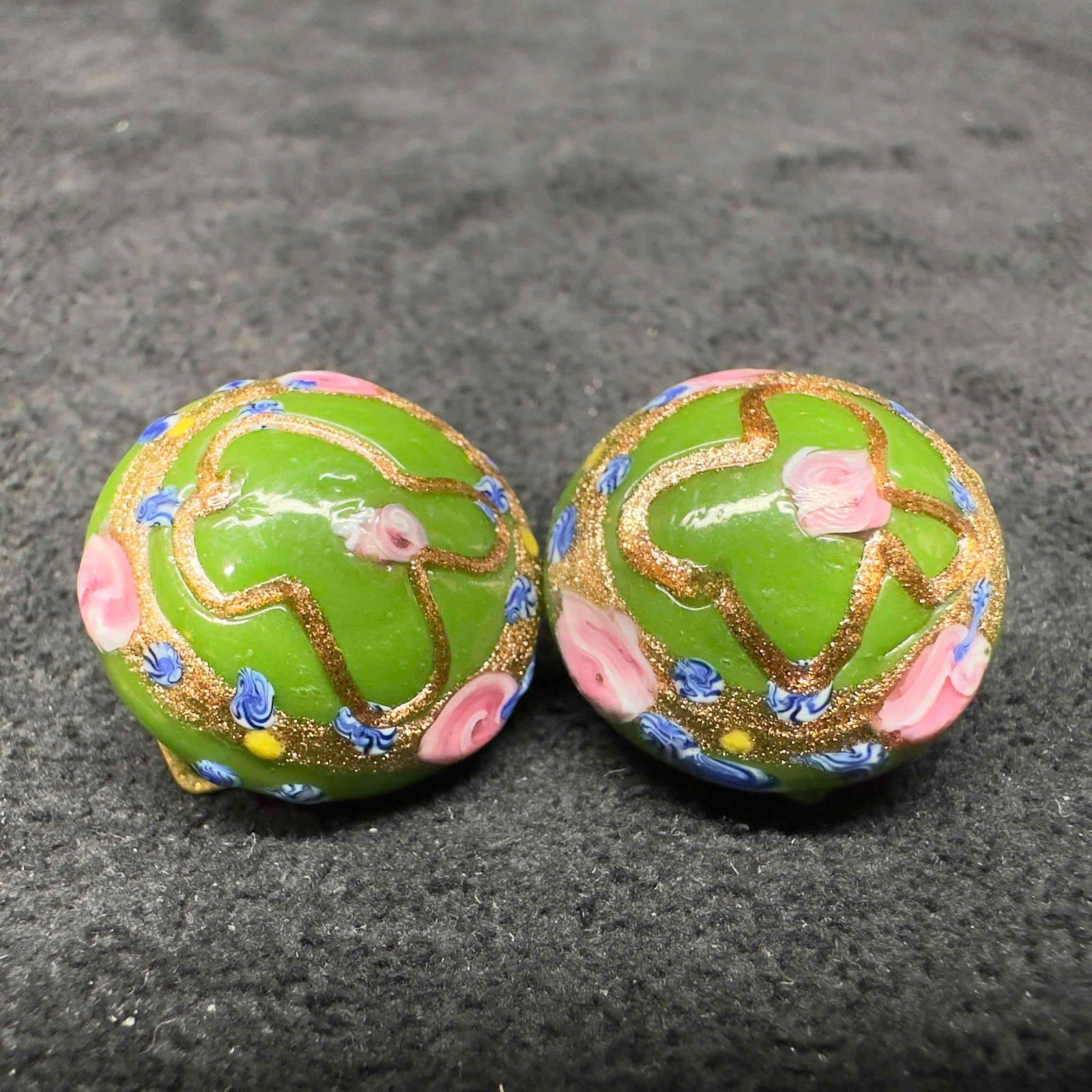 Murano Venetian Art Glass Lamp Work Green Round Floral Beaded Earrings D55 (1 of 4)