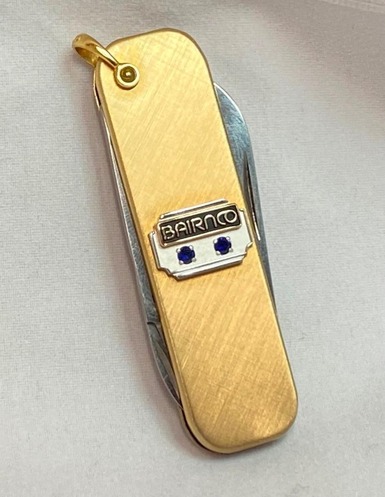 12k Gold-Filled Knife w/ 14k & Sapphire Badge: This piece has been tested and researched prior to testing . Please view all our pictures they are part of our description. DETAILS: Metal -12/20 GF (casing), 14k Gold (badge), stainless steel