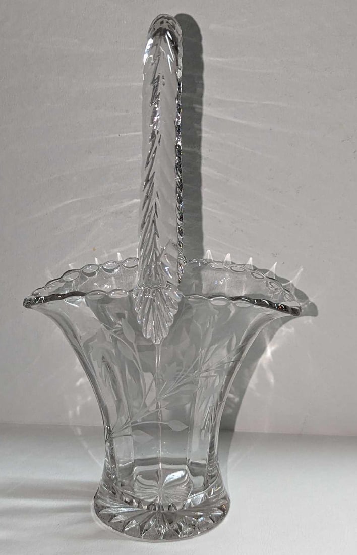 Vintage 10" Etched Floral Handled Glass Basket Vase (1 of 6)