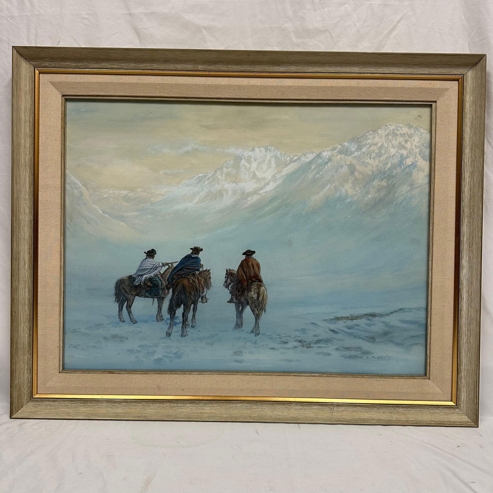 Esteban Roberto E.R. Garino Original Watercolor Three Horsemen Snowy Mountain Landscape Framed (1 of 8)