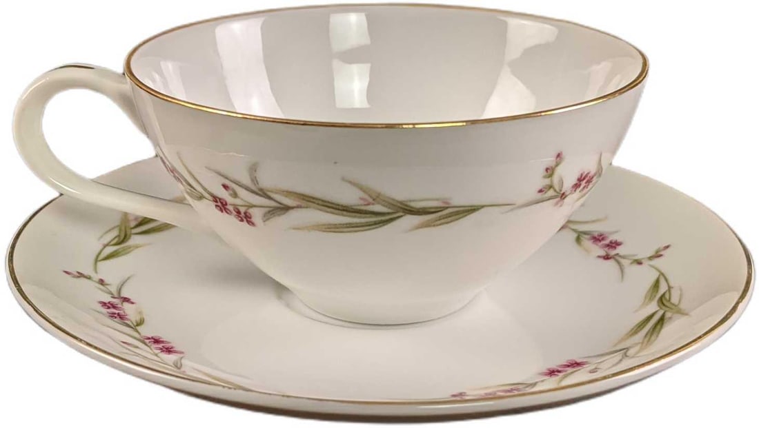 6 Sets Prestige Fine China Of Japan Cups & Saucers: Six Prestige By Fine China Of Japan Cups & Saucers. These were originally released in 1981. This Design Has Purple Flowers, Green & Gold Leaves. Each cup is approx 5" x 4" x 2 and together they weigh