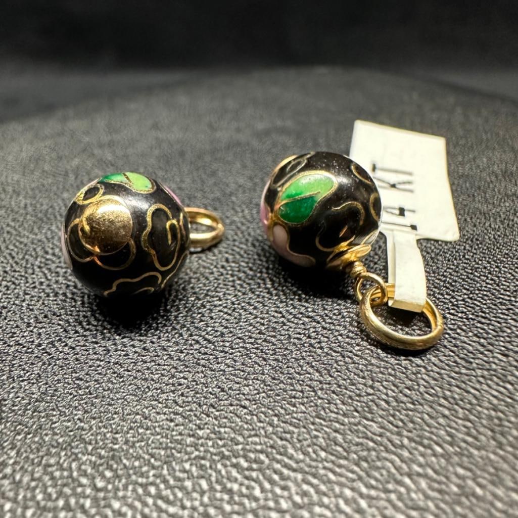 Cloisonné enamel findings on 14k Gold: This piece of jewelry has been tested and researched prior to listing. Please view all our pictures they are part of our description. DETAILS: Metal - 14k Gold (mount), base metal (cloisonne