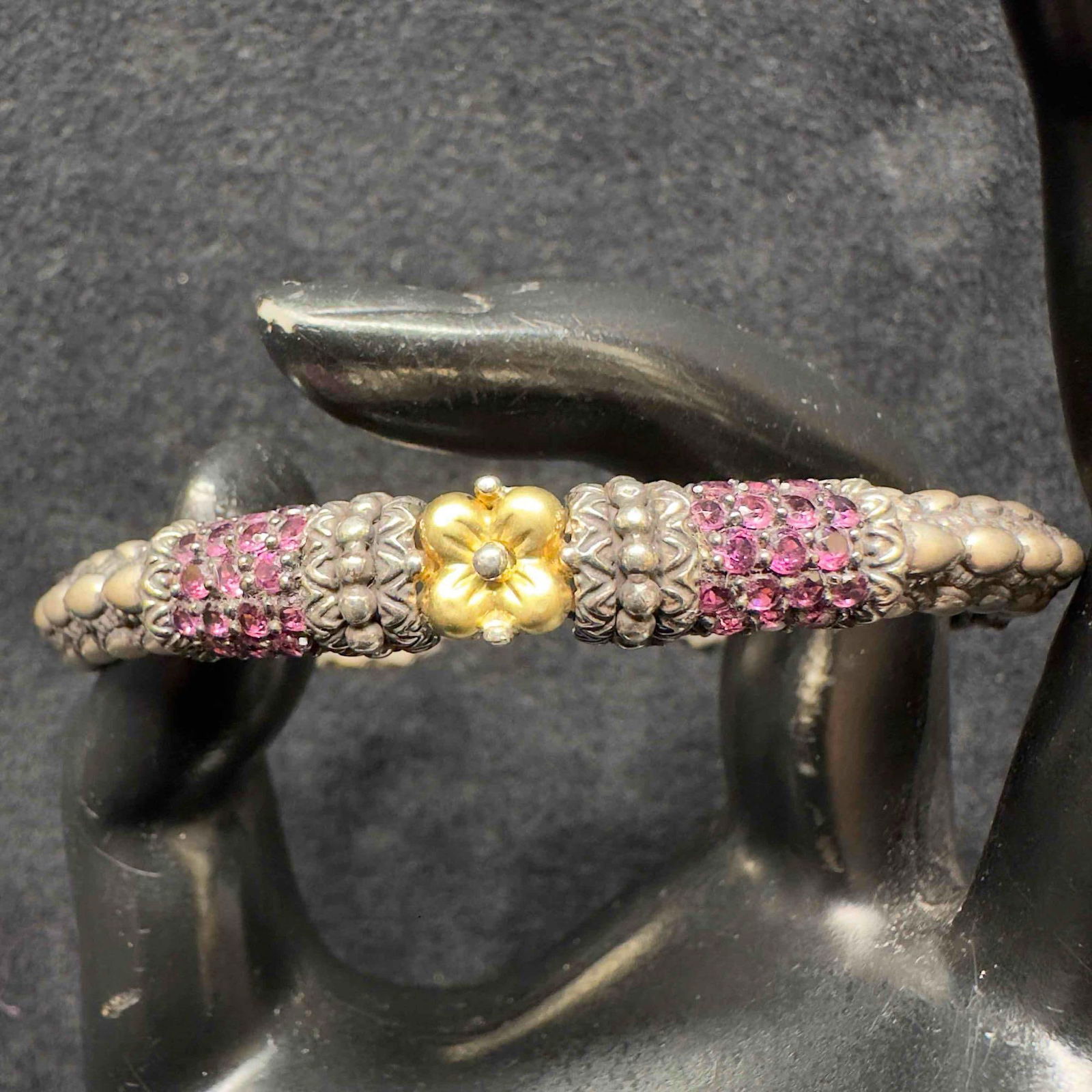 Barbara Bixby Sterling Silver 18K Gold Brazilian Garnet Lotus Hinged Cuff Bracelet (1 of 9)