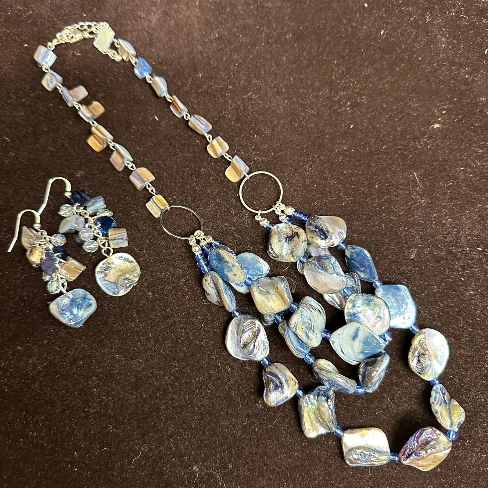 Blue Iridescent Glass Bead Necklace with Matching Dangle Earrings (1 of 9)