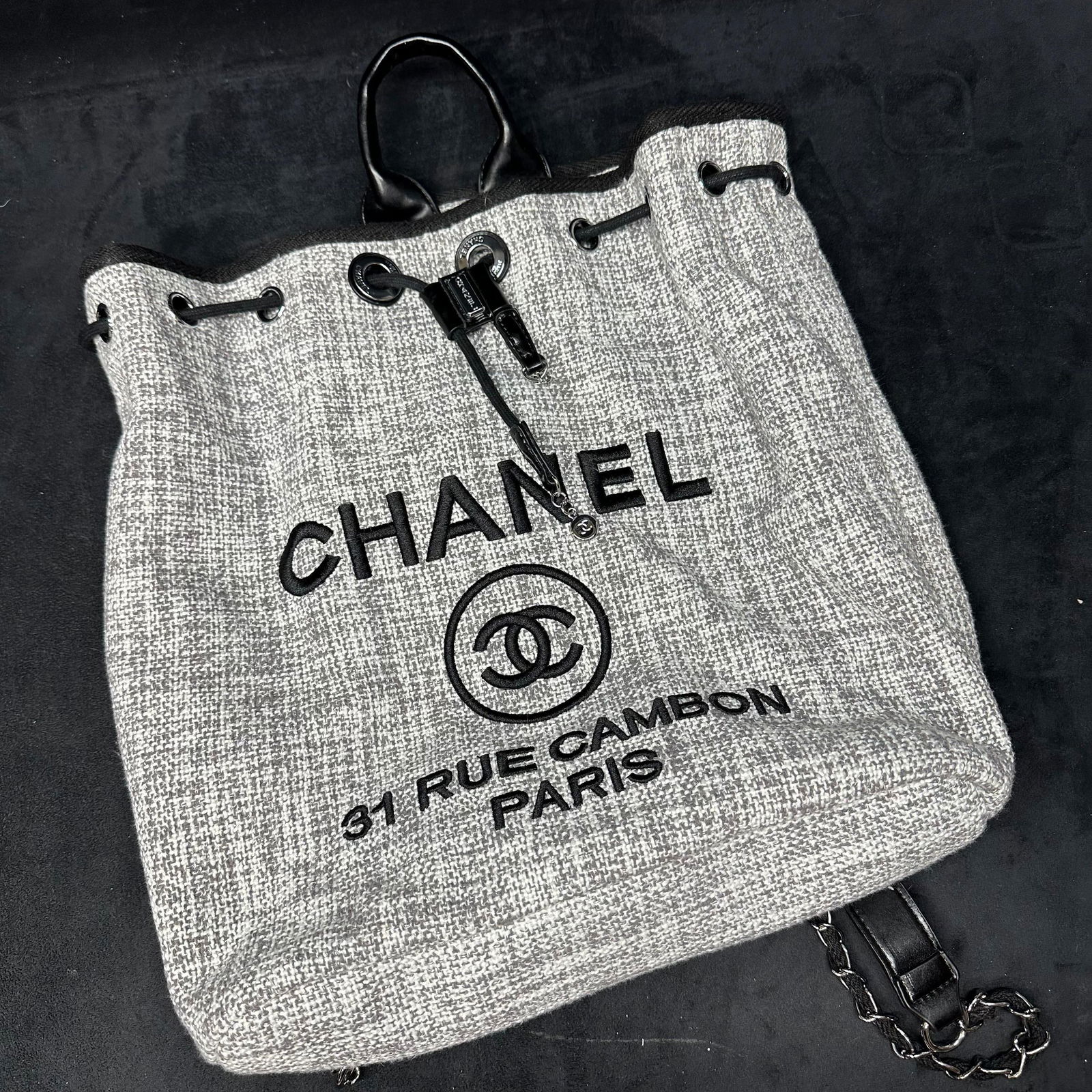 Designer Inspired Canvas Drawstring Backpack Black and Gray - 10