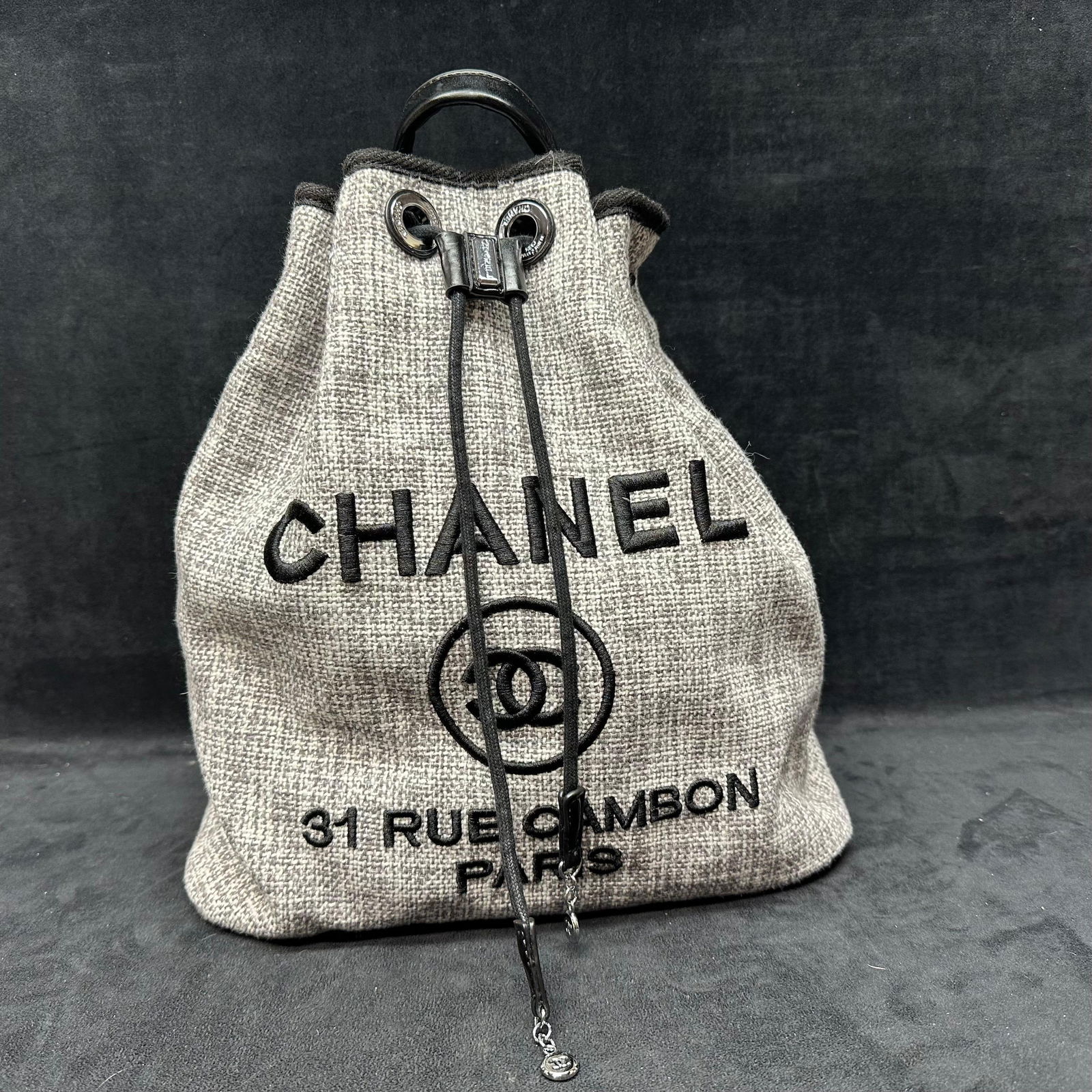 Designer Inspired Canvas Drawstring Backpack Black and Gray (1 of 11)