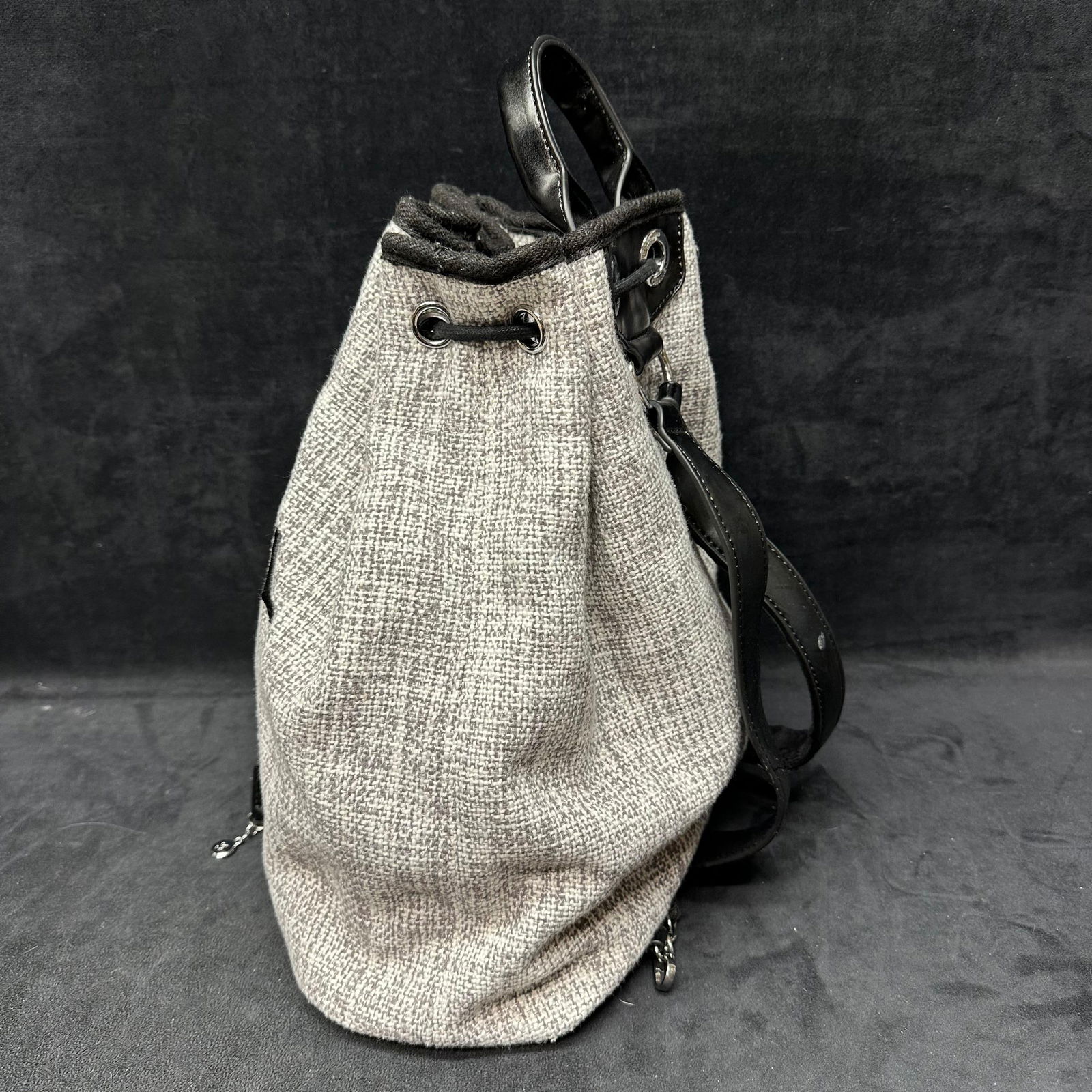 Designer Inspired Canvas Drawstring Backpack Black and Gray - 3