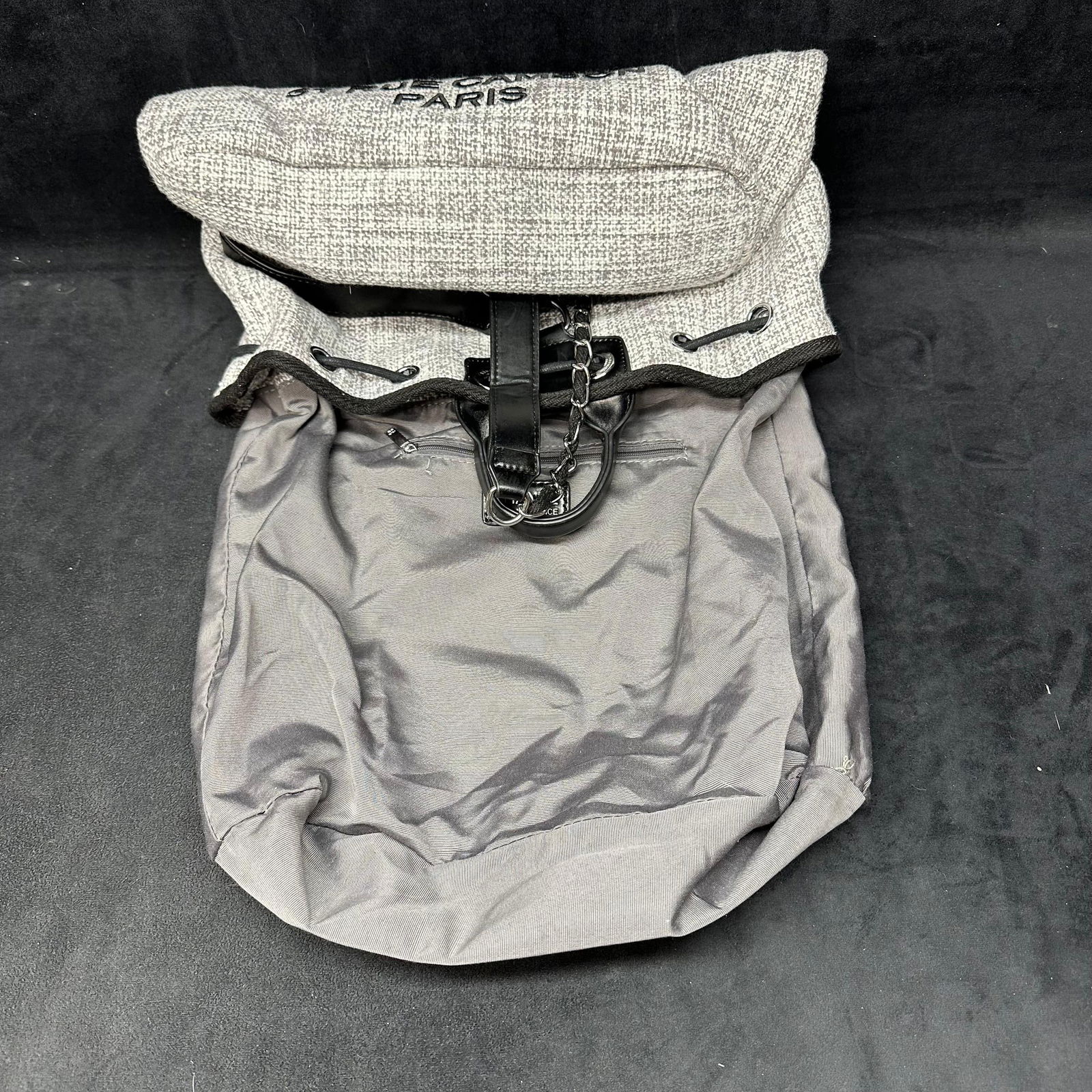 Designer Inspired Canvas Drawstring Backpack Black and Gray - 7