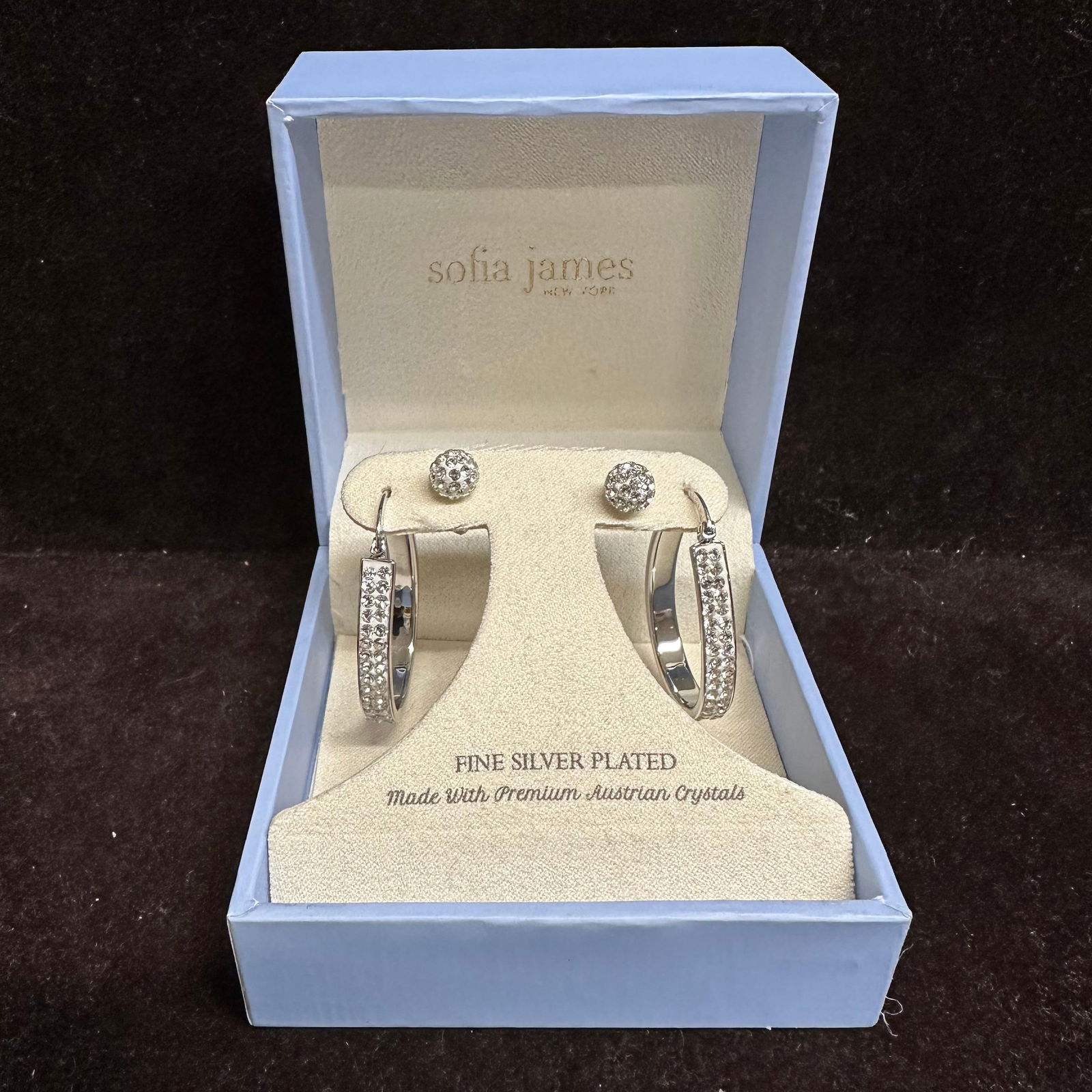 Sofia James New York Silver-Plated Crystal Hoop Earrings Set: Sofia James New York silver-plated hoop earrings accented with clear premium Austrian crystals. Each hoop features a front channel-set crystal design with hinged clasp backs. The set includes matching