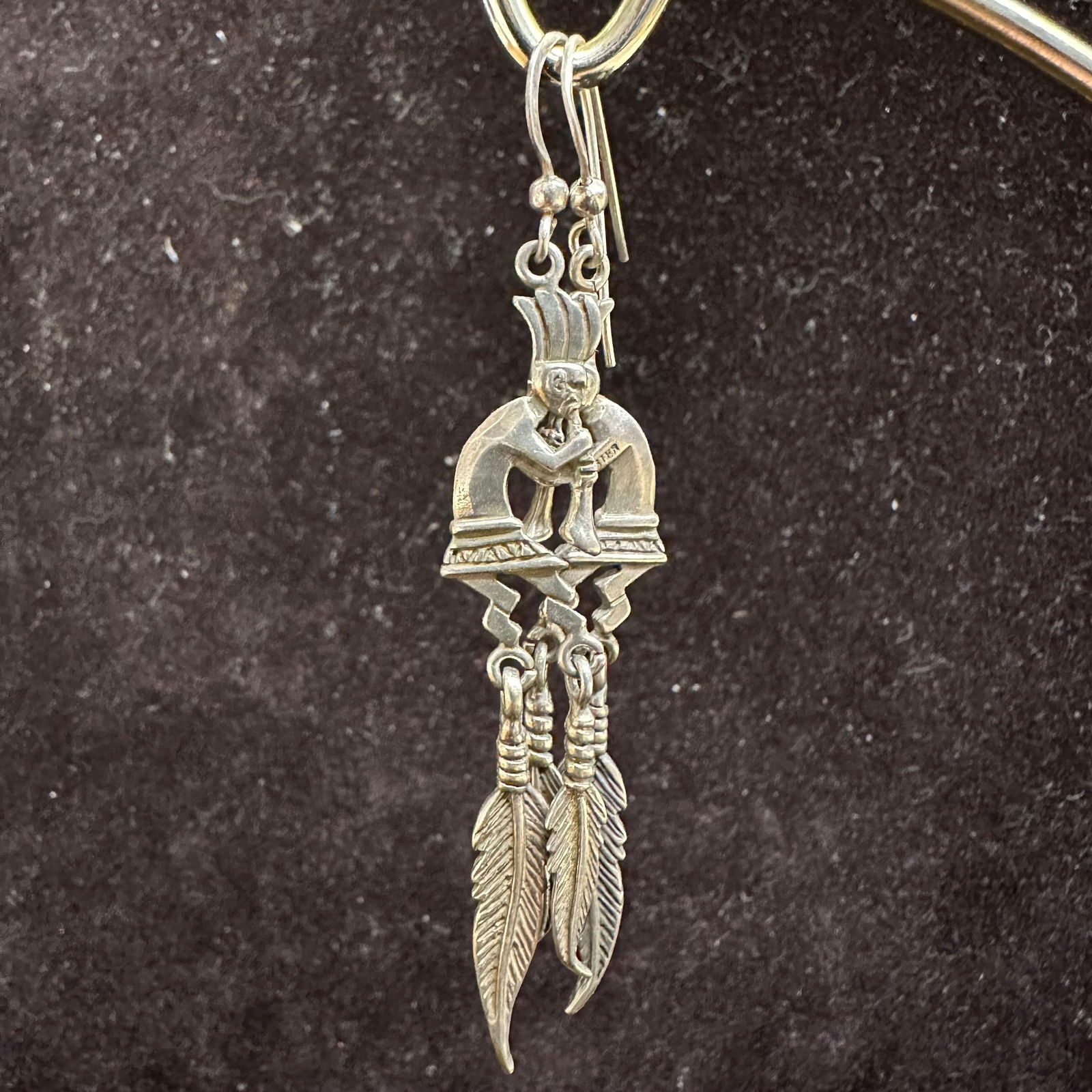 Sterling Silver Kokopelli Dangle Earrings Feather Drops Southwestern Design: This item is in good pre-owned, previously used/displayed condition with noticeable light wear and surface scratches. Please reference all photos for full details. This piece of jewelry has been