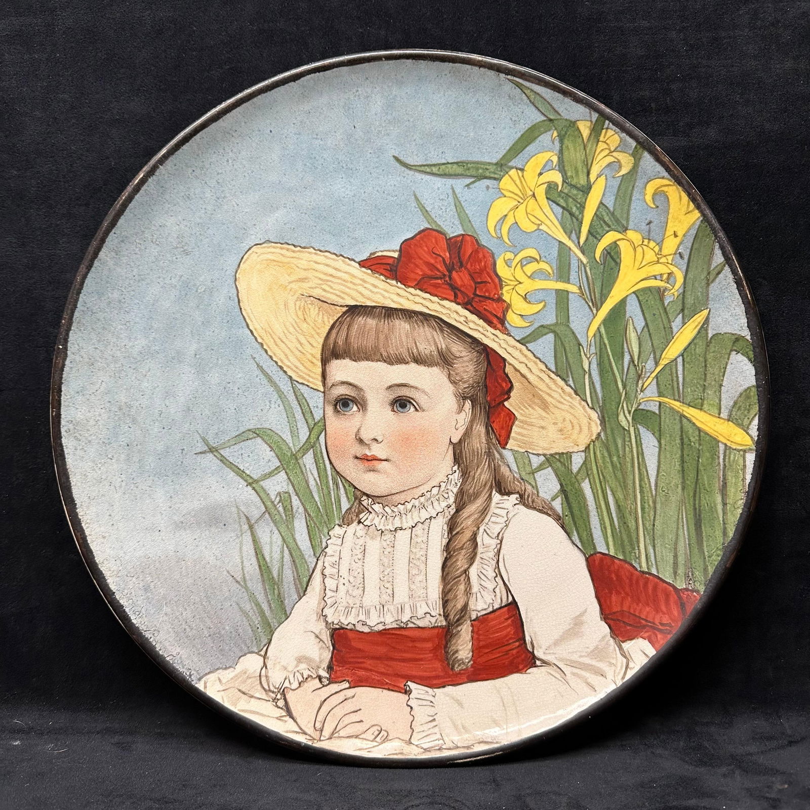 Large Vintage Decorative Portrait Plate Girl with Straw Hat and Flowers (1 of 7)