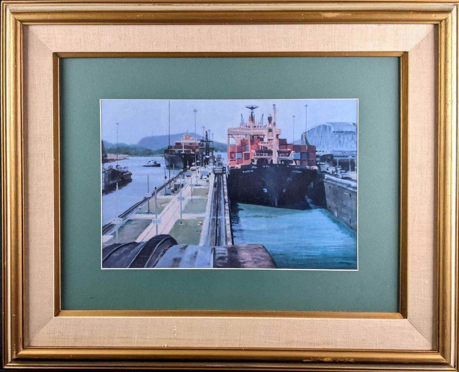 Fine Art Print Framed Dock Painting: Fine Art Print Framed Dock Painting This is a large framed print of a dock with cargo boats. This is in good condition with some pint loss o the frame but the print is in good condition. The print loo