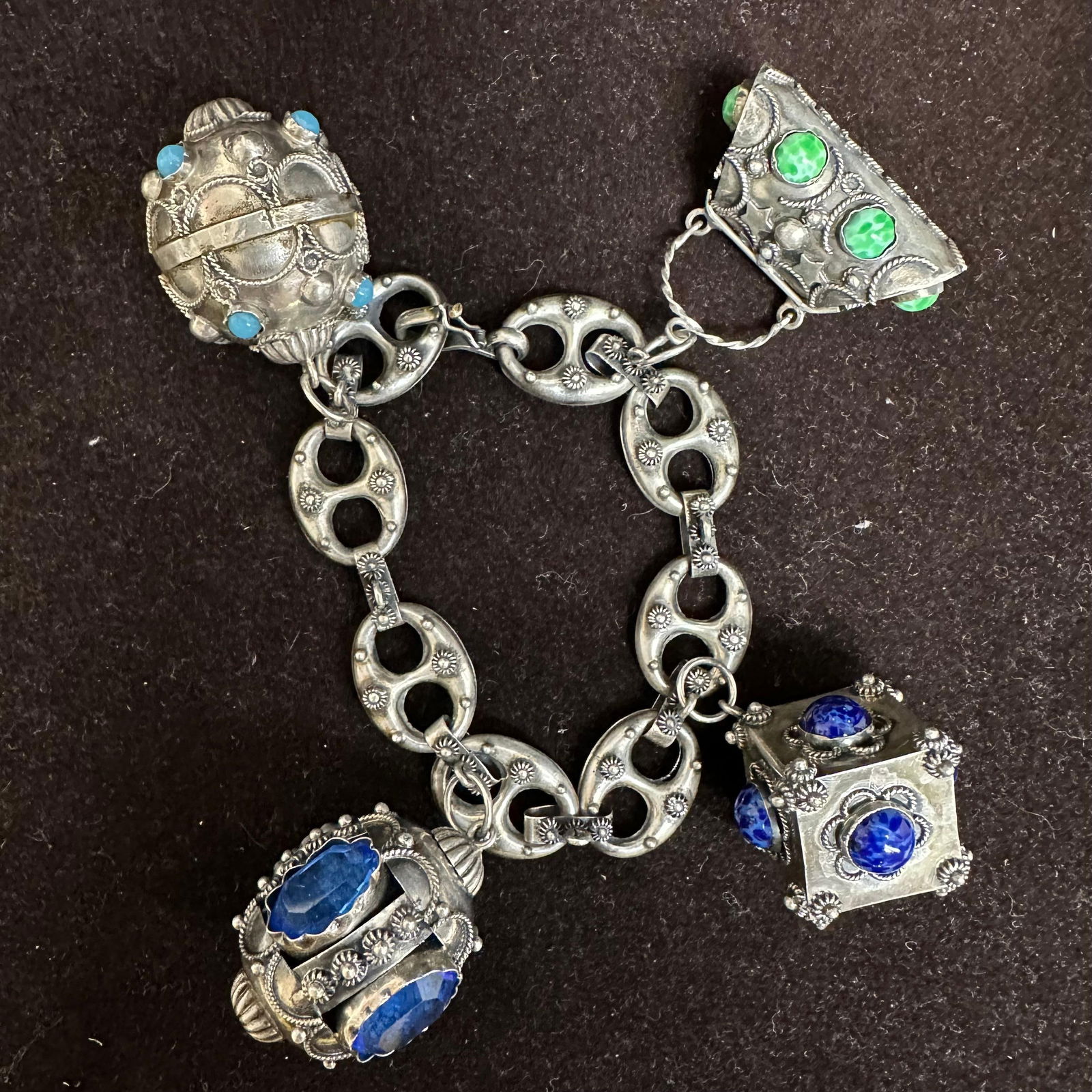 Blue and Green Faux Glass Stone Charm 800 Silver Etruscan Revival Style Mariner Chain Bracelet (1 of 11)