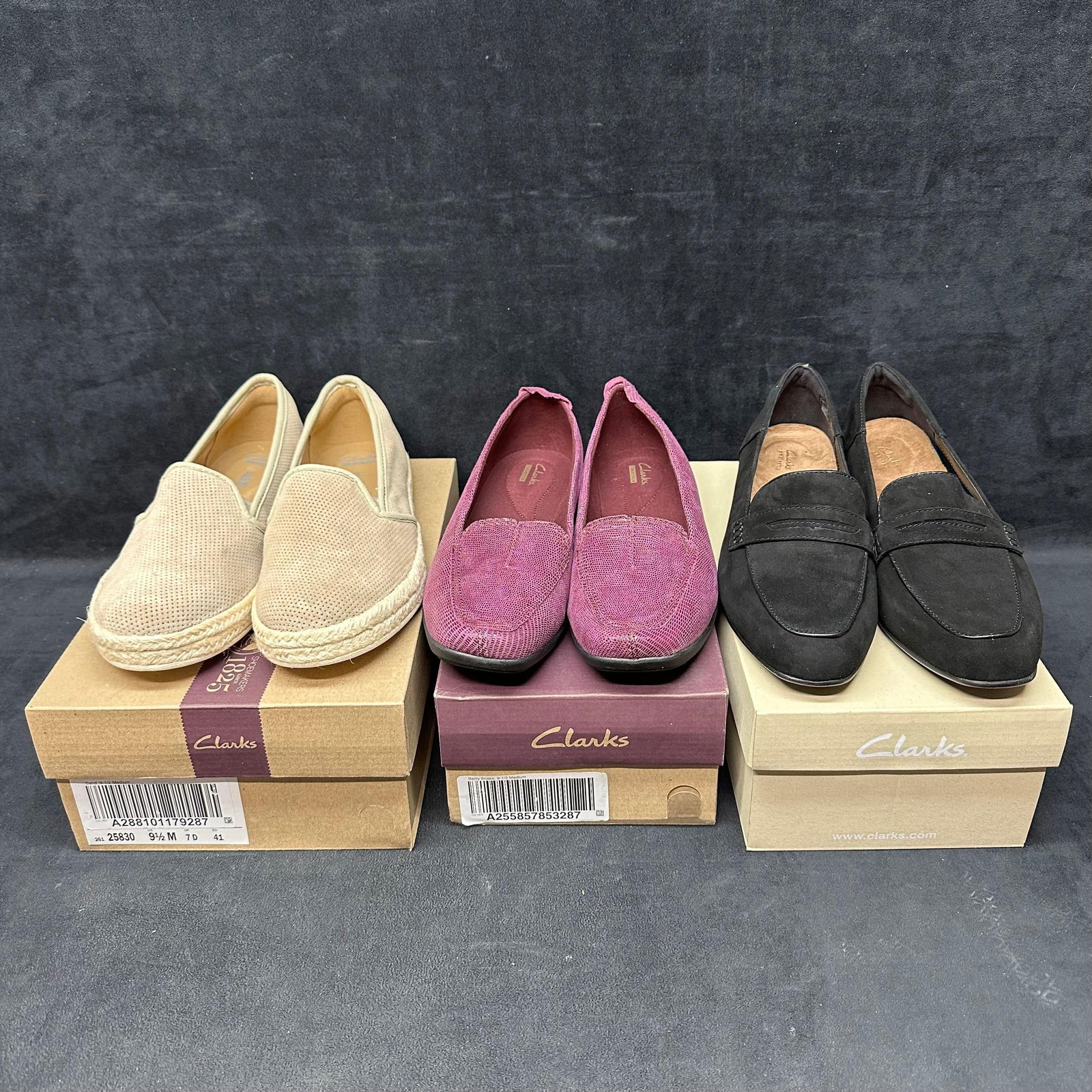 Lot of Three Clarks Women’s Shoes 9.5M Purple Black Beige Colors (1 of 8)