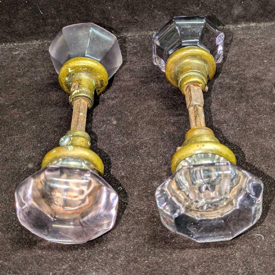 2 Vintage Gold Base Clear Knob Door Knobs - 2