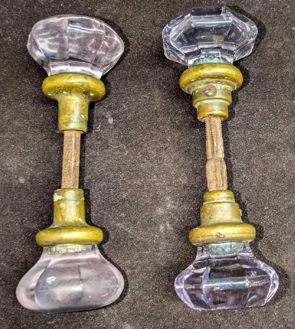 2 Vintage Gold Base Clear Knob Door Knobs - 3