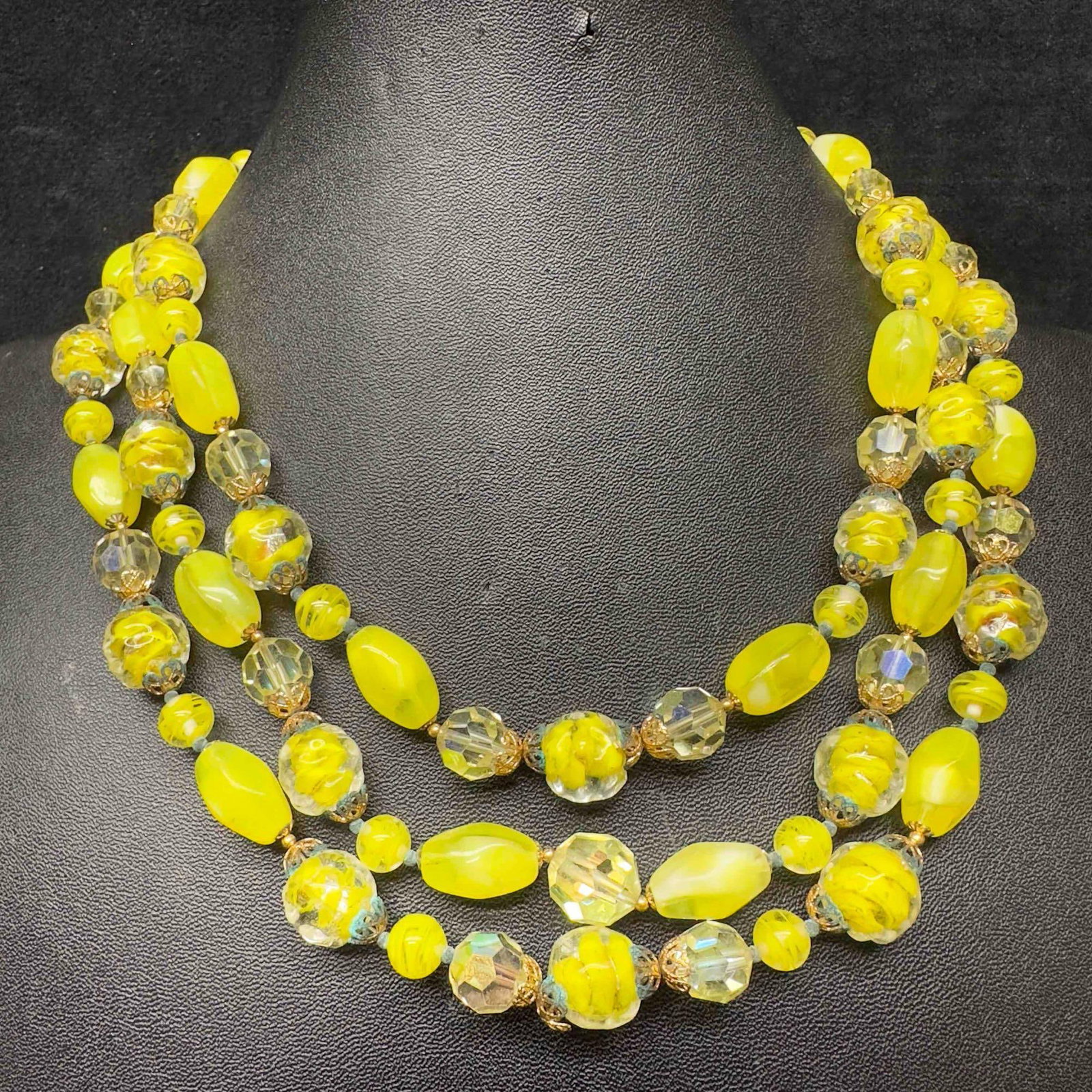 Venetian Murano Lamp Work Glass Art Light Yellow Beaded Triple Layer Necklace E76 (1 of 12)