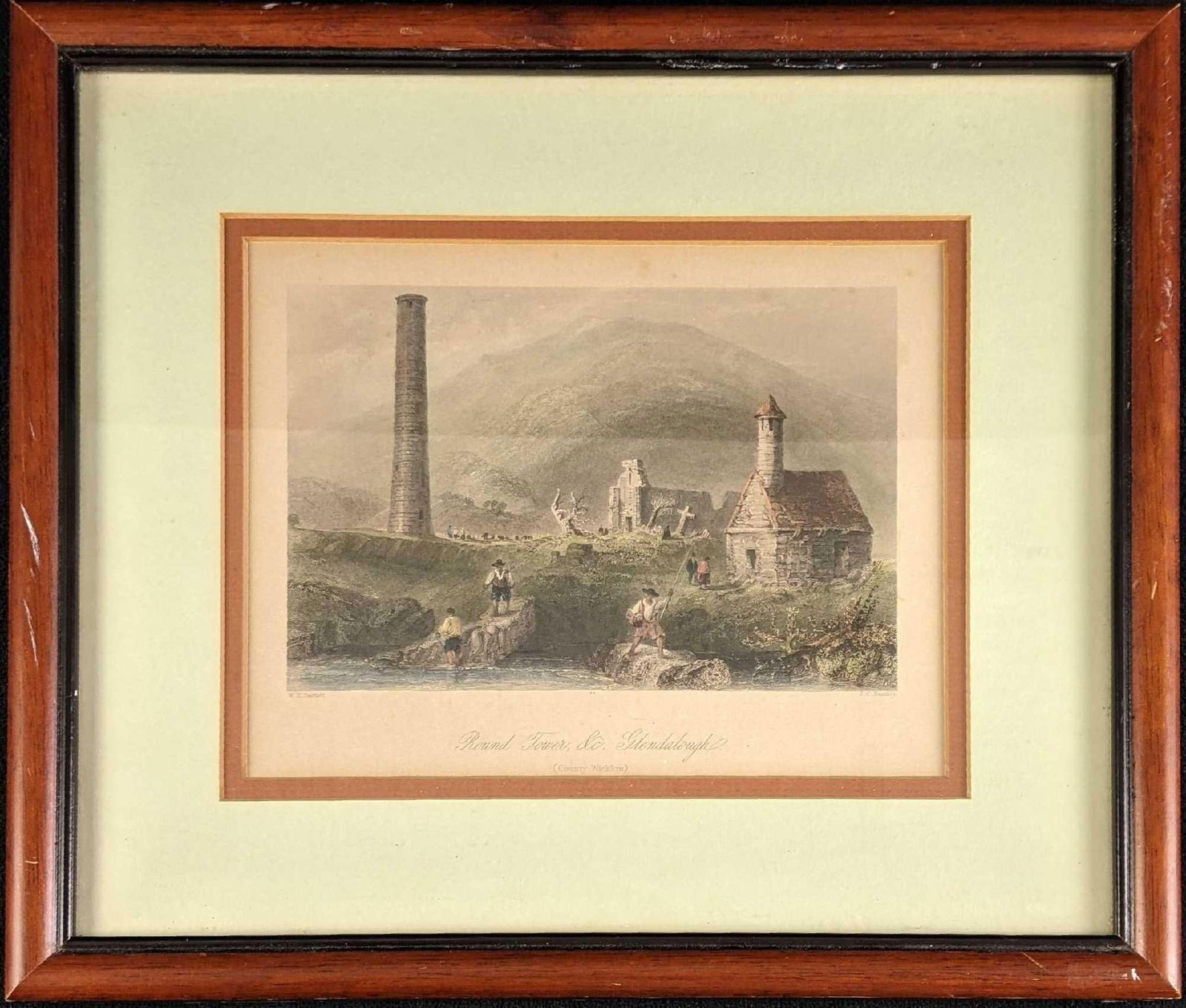 Fine Art Print Engraving Color W.H.Bartlett Framed: Fine Art Print Engraving Color W.H. Bartlett Framed This color engraving is a reproduction of W.H. Barlette's work Round Tower, & Glendalough. This image takes place in Ireland. The frame has