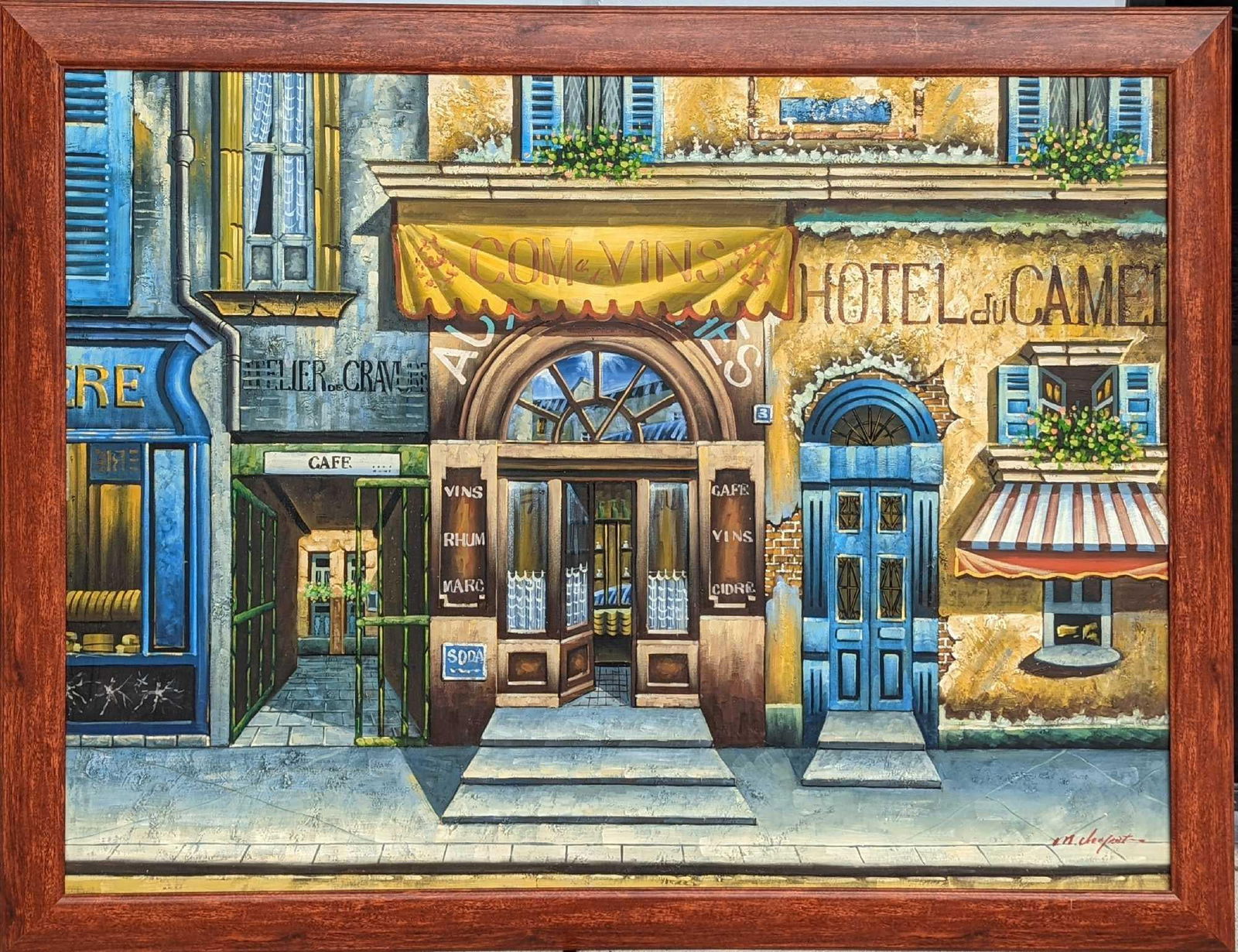 JB Framed Textured Print French Hotel & Bar: JB Framed Textured Print French Hotel & Bar. Here is a textured print on canvas of a rather nice place to be. Here's a hotel, and along with a hotel, there's also a cafe and bar! This