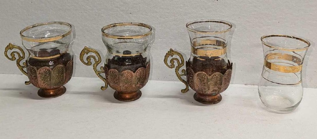 3 Vintage Copper And Brass Glass Cups & One Glass Cup (1 of 6)