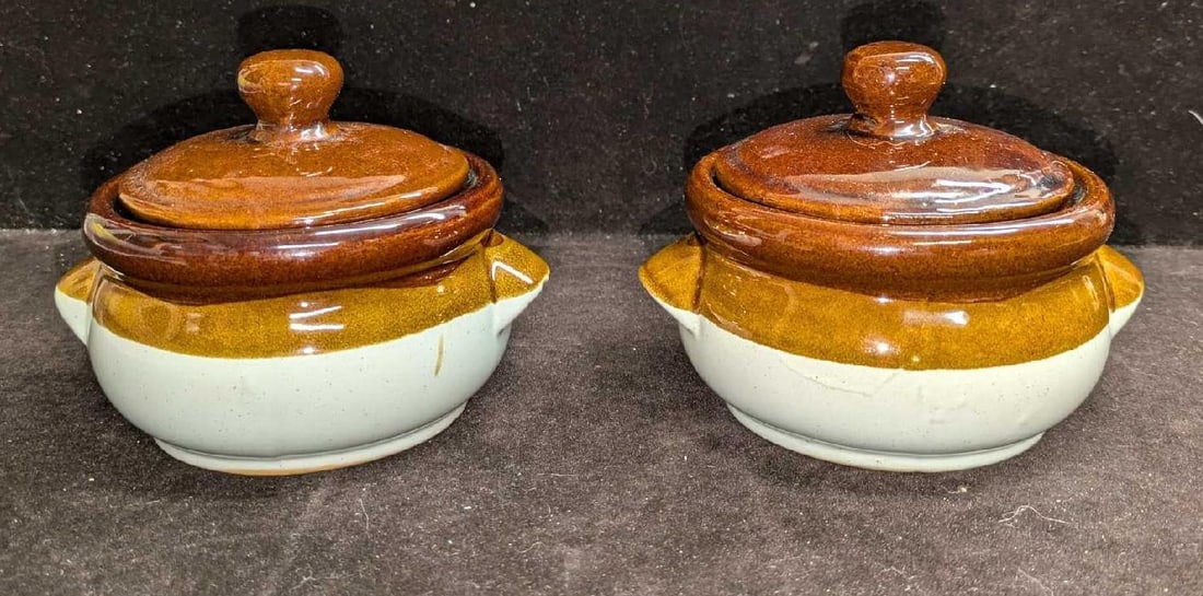 2 Vintage Stoneware Tan And Brown Bean Pots A (1 of 10)