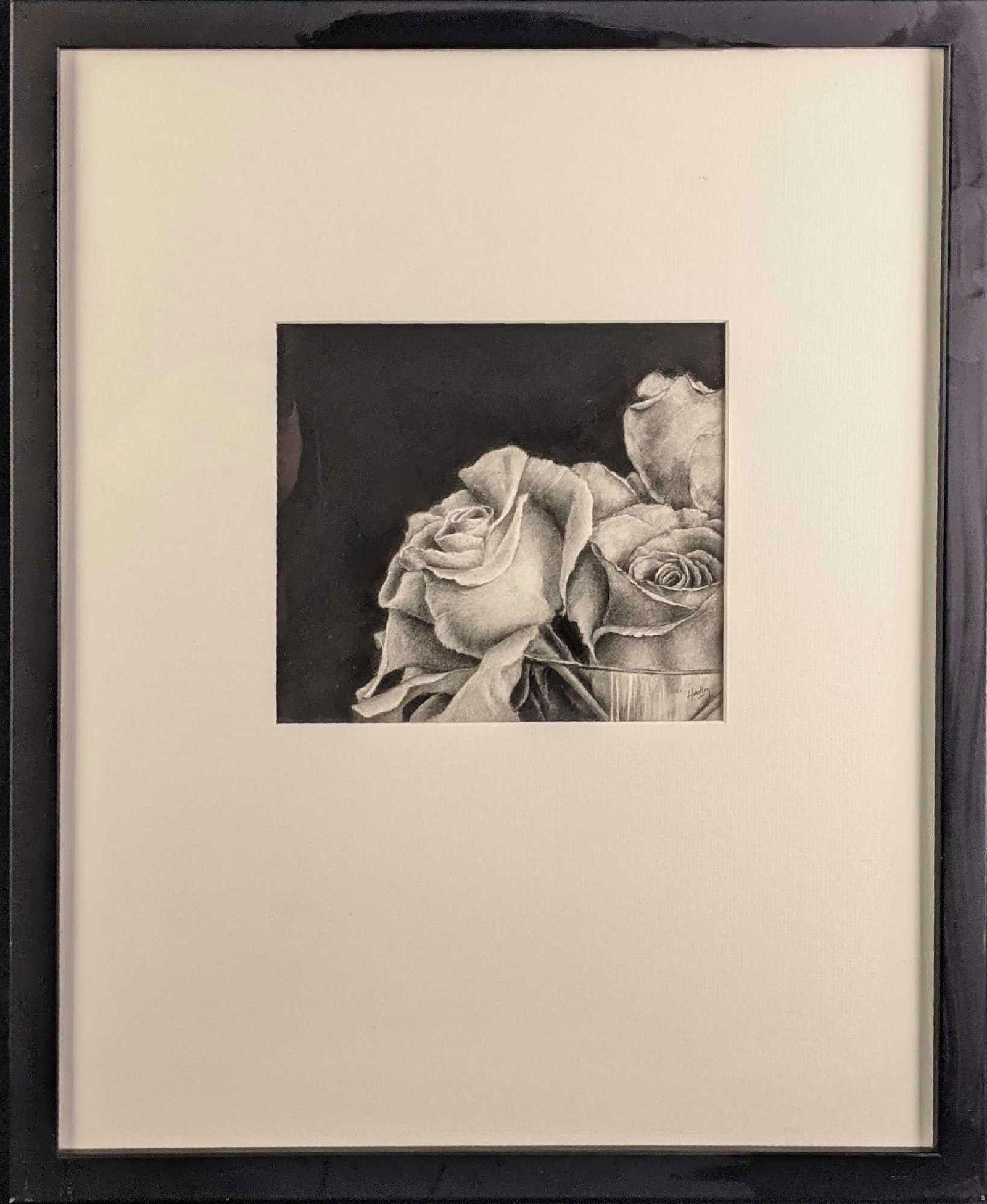 Original Framed Charcoal On Paper By Sandra J Hadley Rose: Original Framed Charcoal On Paper By Sandra J Hadley. "A Rose Is A Rose Is A Rose". Framed original is approx 17" x 1" x 21 1/8" and weighs 4.5lbs. Charcoal image is approx 8"