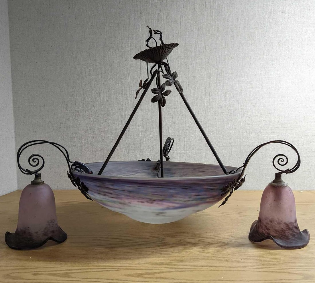Muller Freres Art Nouveau Domed Chandelier: Muller Freres Art Nouveau Domed Chandelier Purple “Pate de Verre” glass and bronze chandelier with domed center by Muller Freres, Luneville. It is signed in the glass on the side of the
