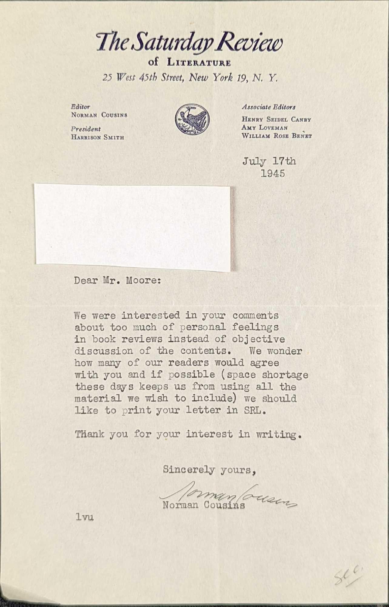 Signed Norman Cousins Saturday Review Letter (1 of 3)