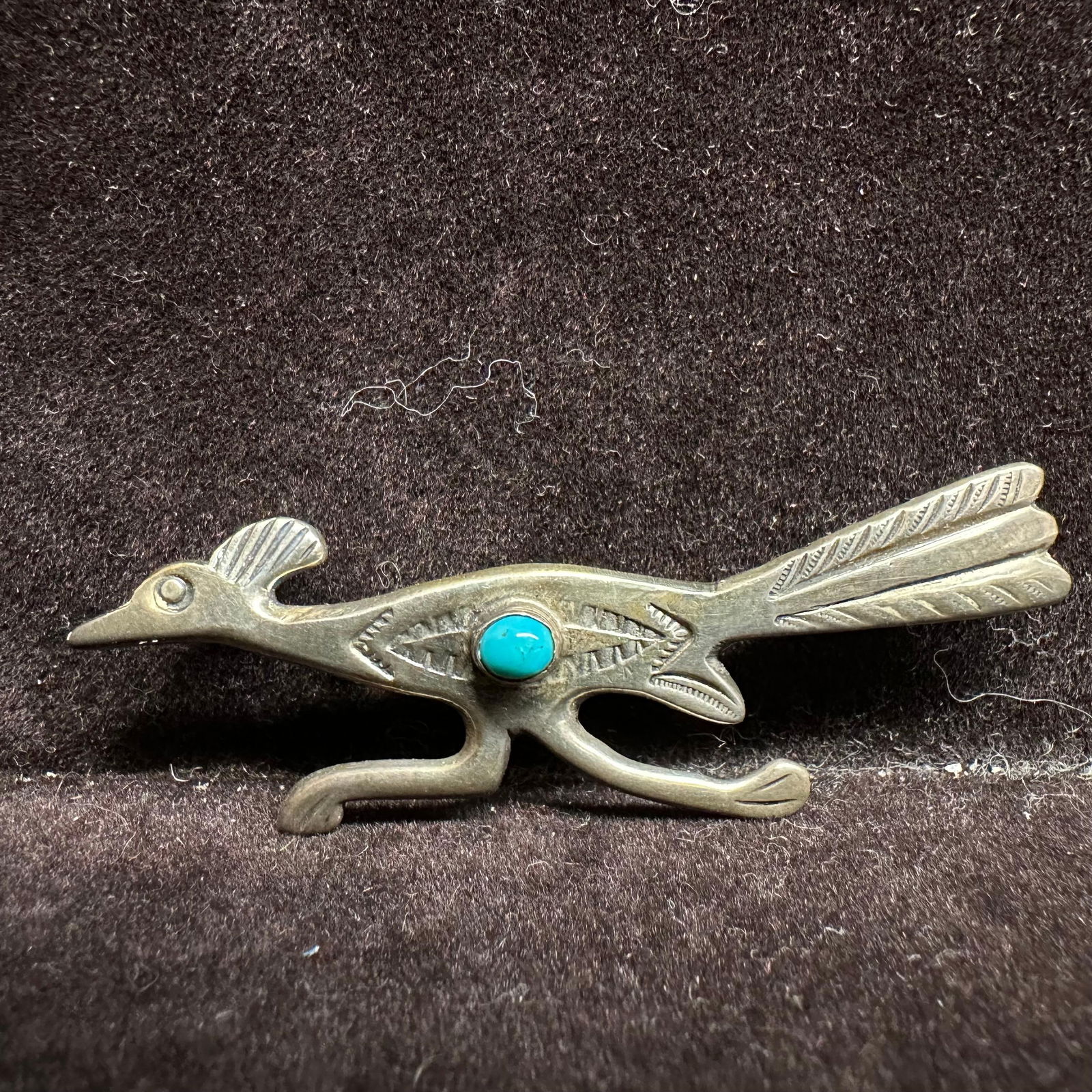 Turquoise Accent Stone Roadrunner Navajo Style Silver Brooch (1 of 5)