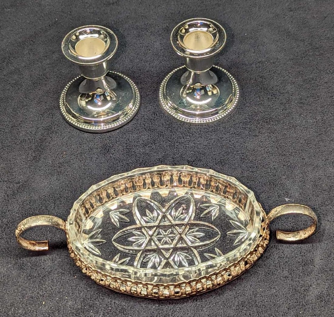 Vintage Silverplate Tidbit Handled Dish & Silvertone Candleholders: Vintage Silverplate Tidbit Handled Dish & Silvertone Candleholders. This lot includes: (1) Vintage Cut Glass & Silverplated Small Tidbit Handled Dish. This is approx 9" x 4" x 1 1/4&#
