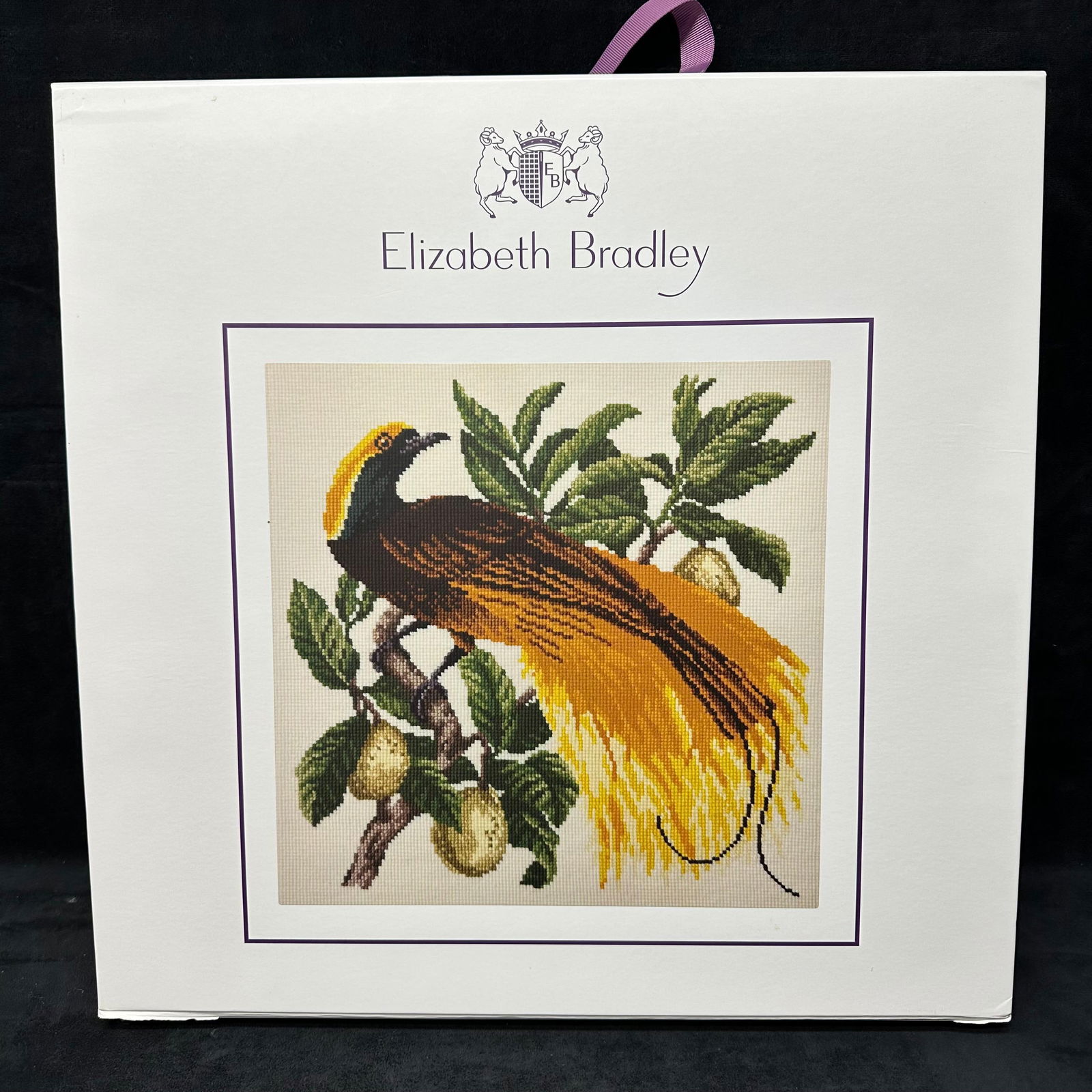 Elizabeth Bradley Needlework Tropical Collection Emperor Tapestry Kit: Elizabeth Bradley English needlework tapestry kit titled Tropical Collection Emperor. Kit appears used and partially done, and includes printed canvas, tapestry wool, a color chart card, needles, and