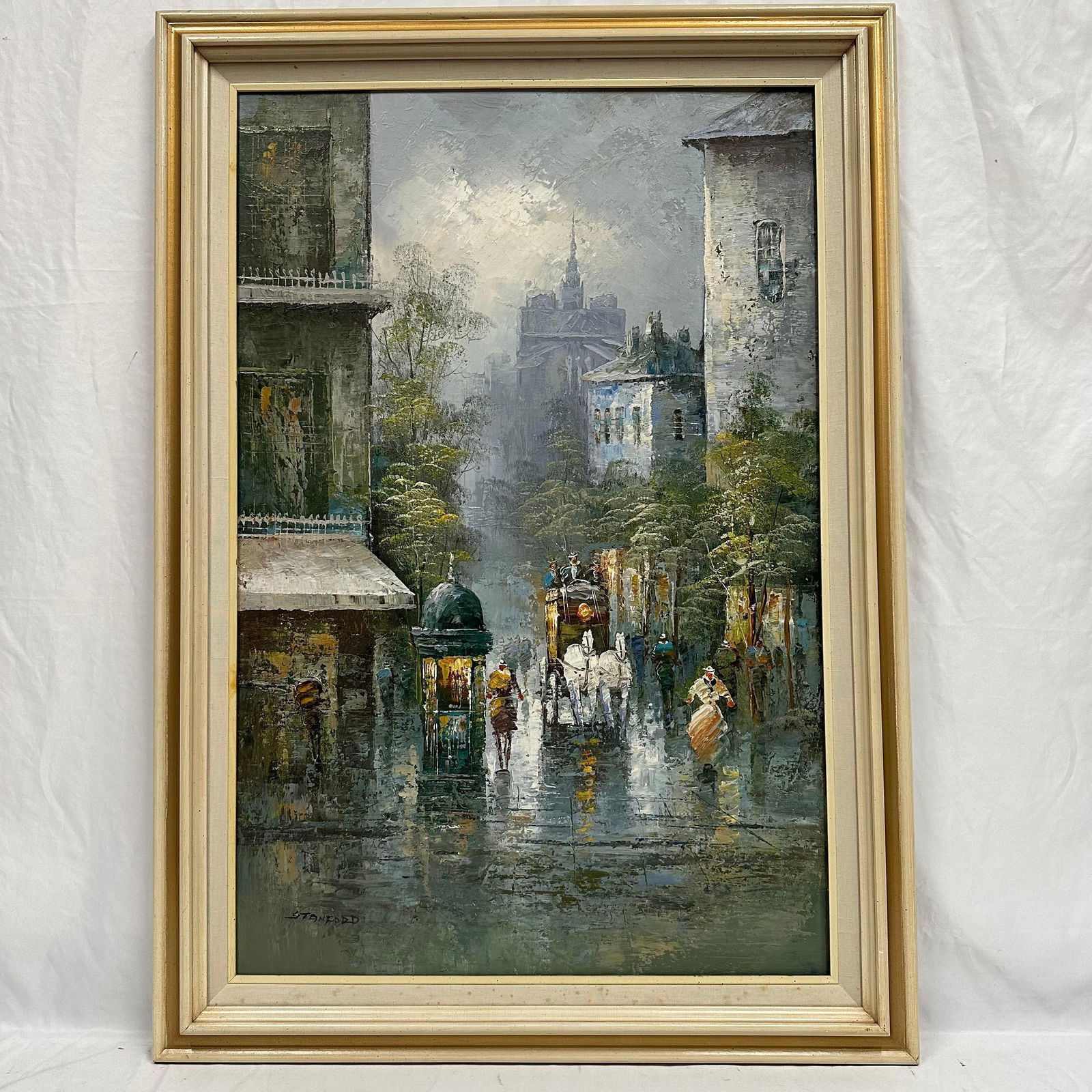 Rainy City Street Scene with Horse Drawn Carriage Signed Stanford Framed Oil Painting (1 of 8)