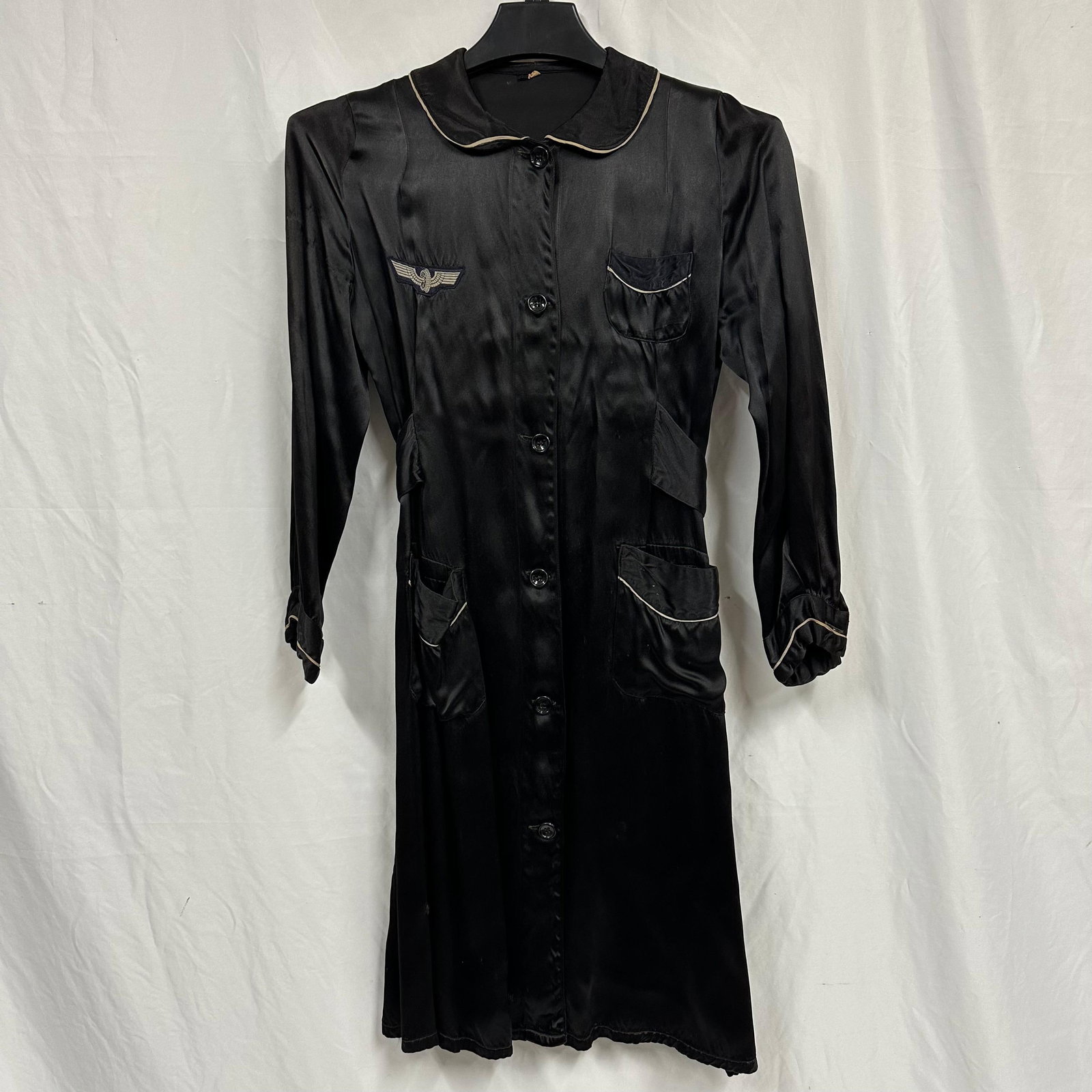 Vintage Black Satin Uniform Long Dress Shirt Coat Rob Style with Wing Insignia (1 of 6)