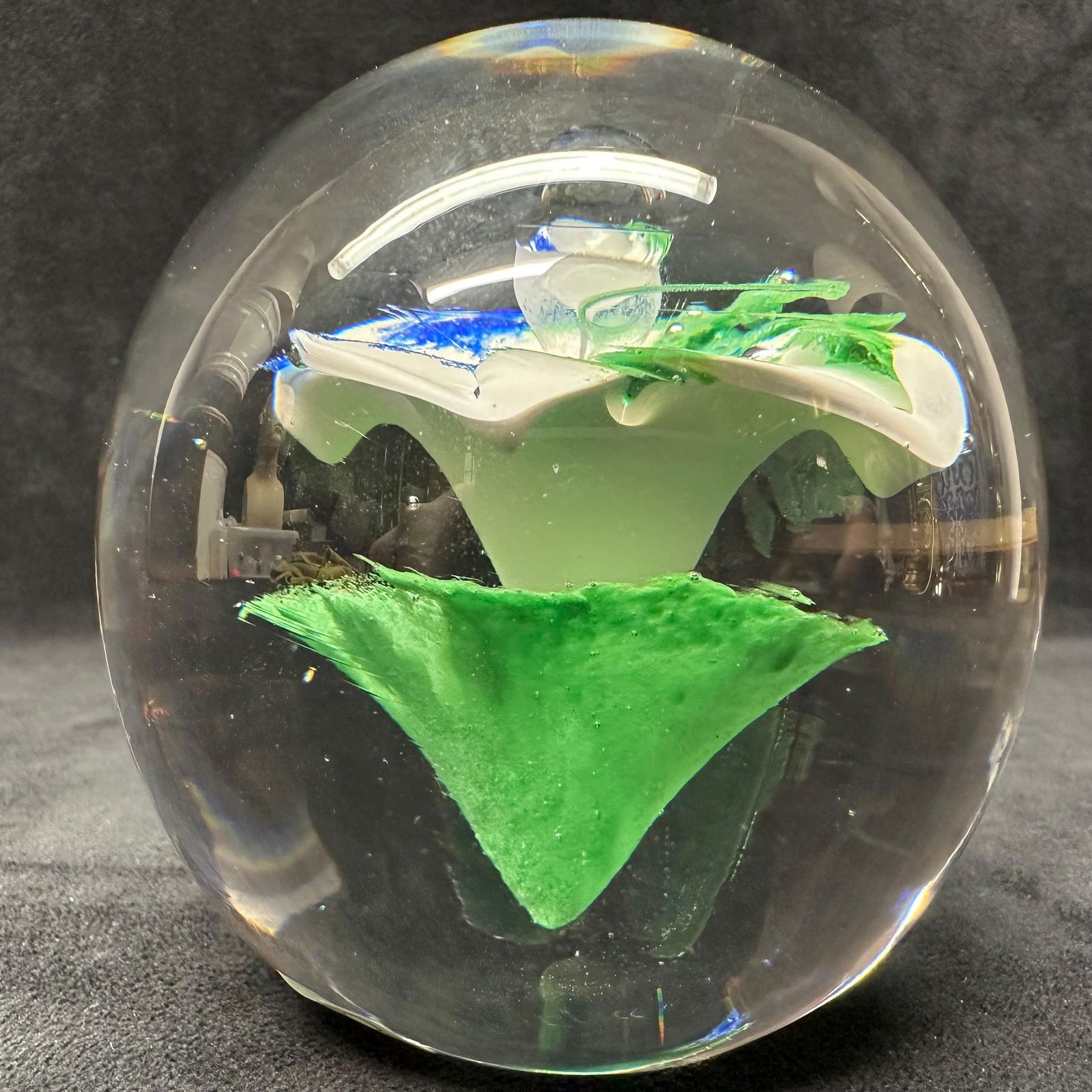 Studio Ahus Sweden Art Glass Paperweight 1985 Abstract White Blue Green Flower (1 of 12)