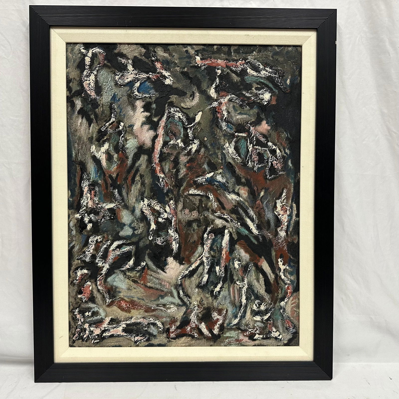 Abstract Expressionist Mixed Media Painting on Canvas Framed: Abstract expressionist painting featuring heavy impasto and textured brushwork. Composed in muted tones of black, gray, blue, rust, and off-white with dynamic, layered movement throughout. Executed on