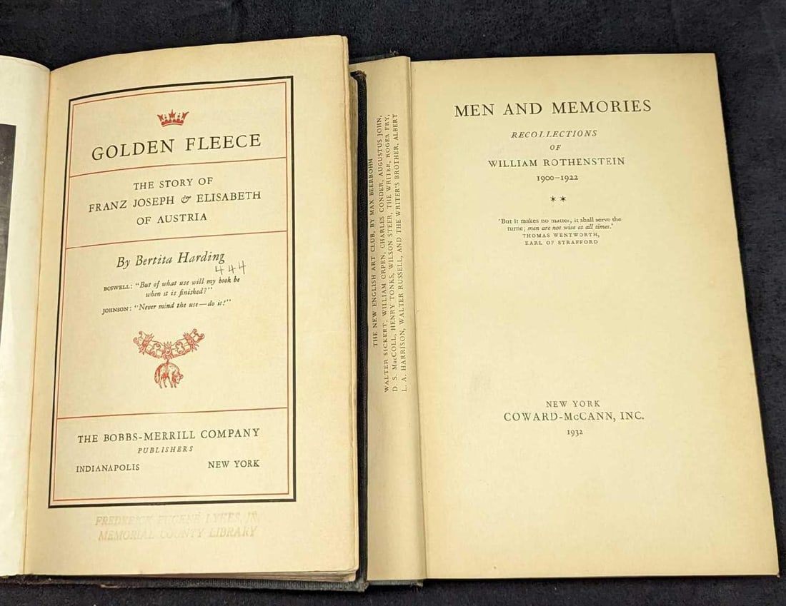 Men & Memories Volume 2 & Franz Joseph & Elisabeth: Men & Memories Volume 2 & Franz Joseph & Elisabeth. This lot includes: (1) "Men And Memories: Recollections Of William Rothenstein 1900-1922". This was published by Coward-McCann,