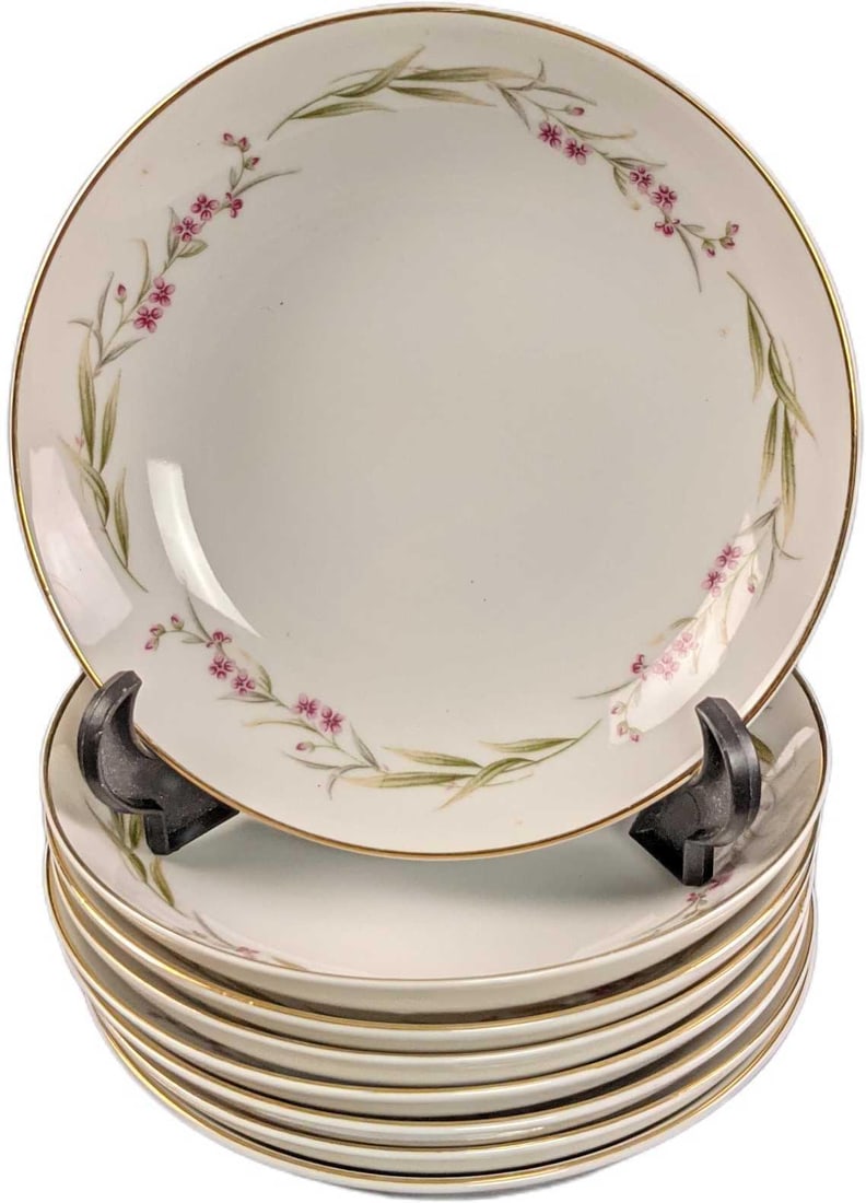 8 Prestige Fine China Of Japan Fruit & Dessert Bowls: This design was originally released in 1981. This Design Has Purple Flowers, Green & Gold Leaves. This lot consists of: (8) Fruit & Dessert Bowls. These are approx 5 1/2". Together they w